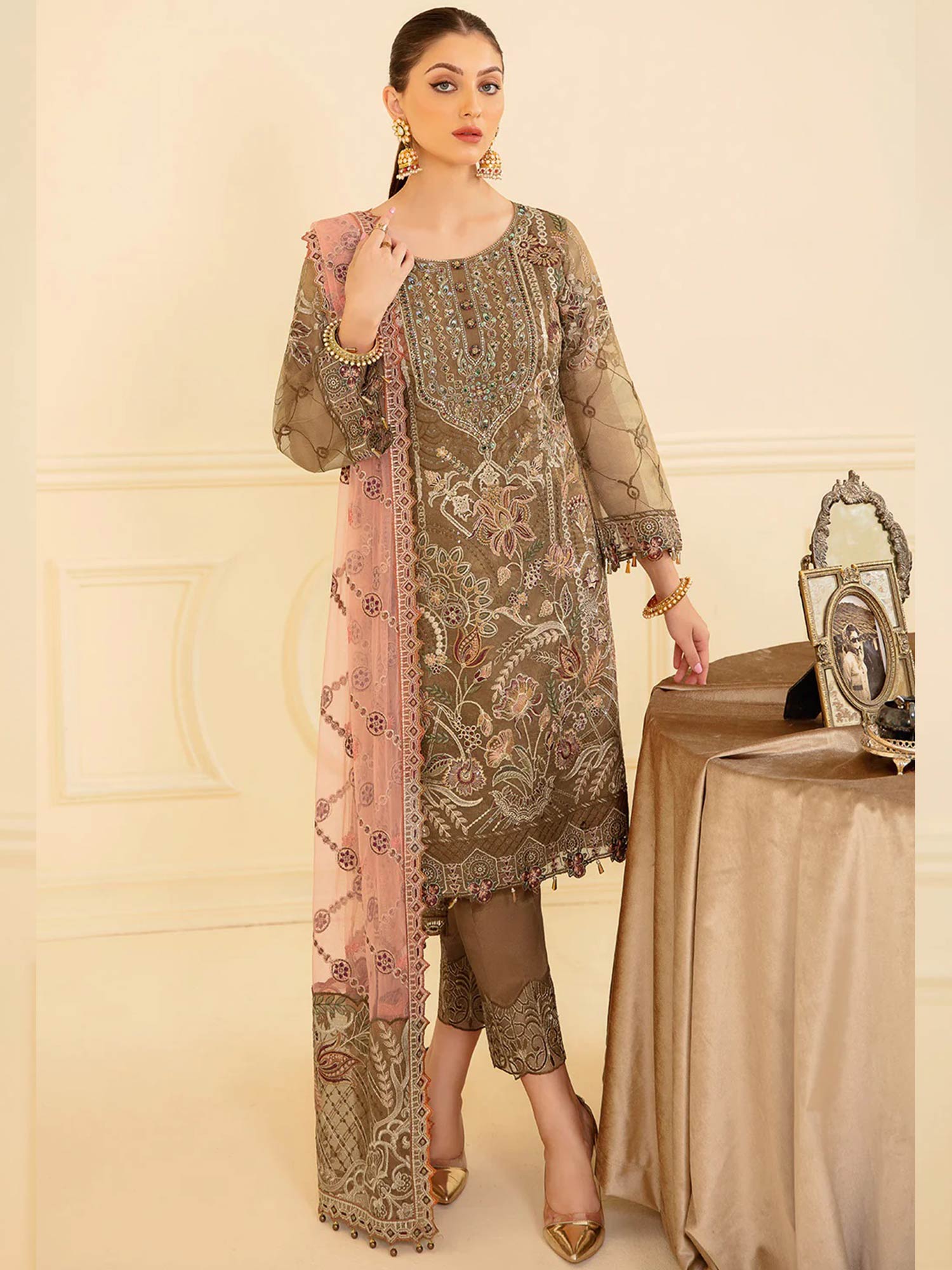Ramsha "Minhal" Luxury Embroidered Suit - Brown