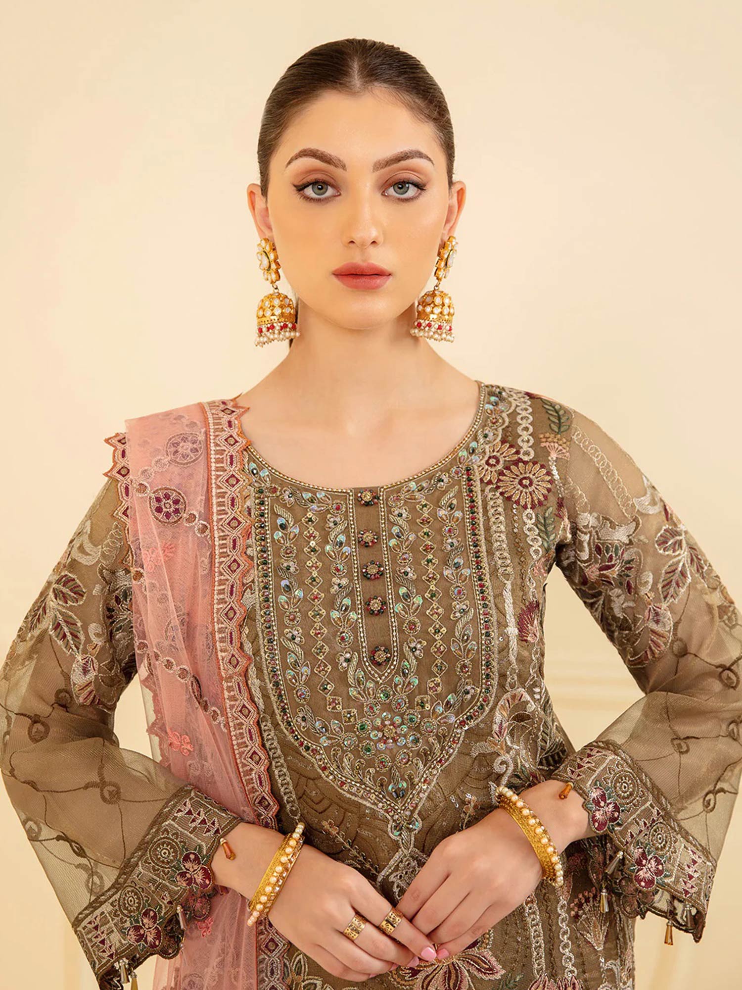 Ramsha "Minhal" Luxury Embroidered Suit - Brown