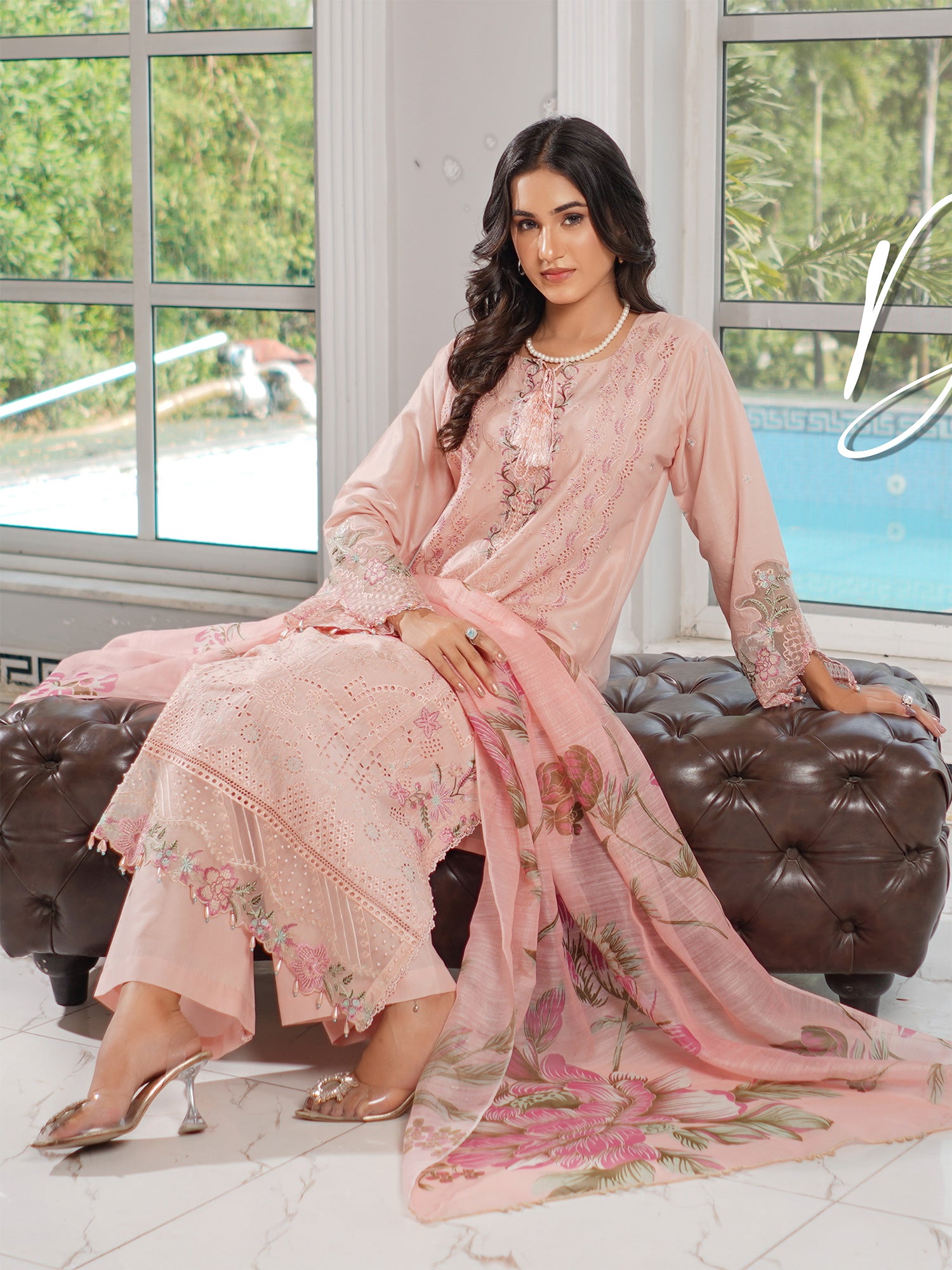 Munira Embroidered Lawn Suit (MSL-01) - Peach