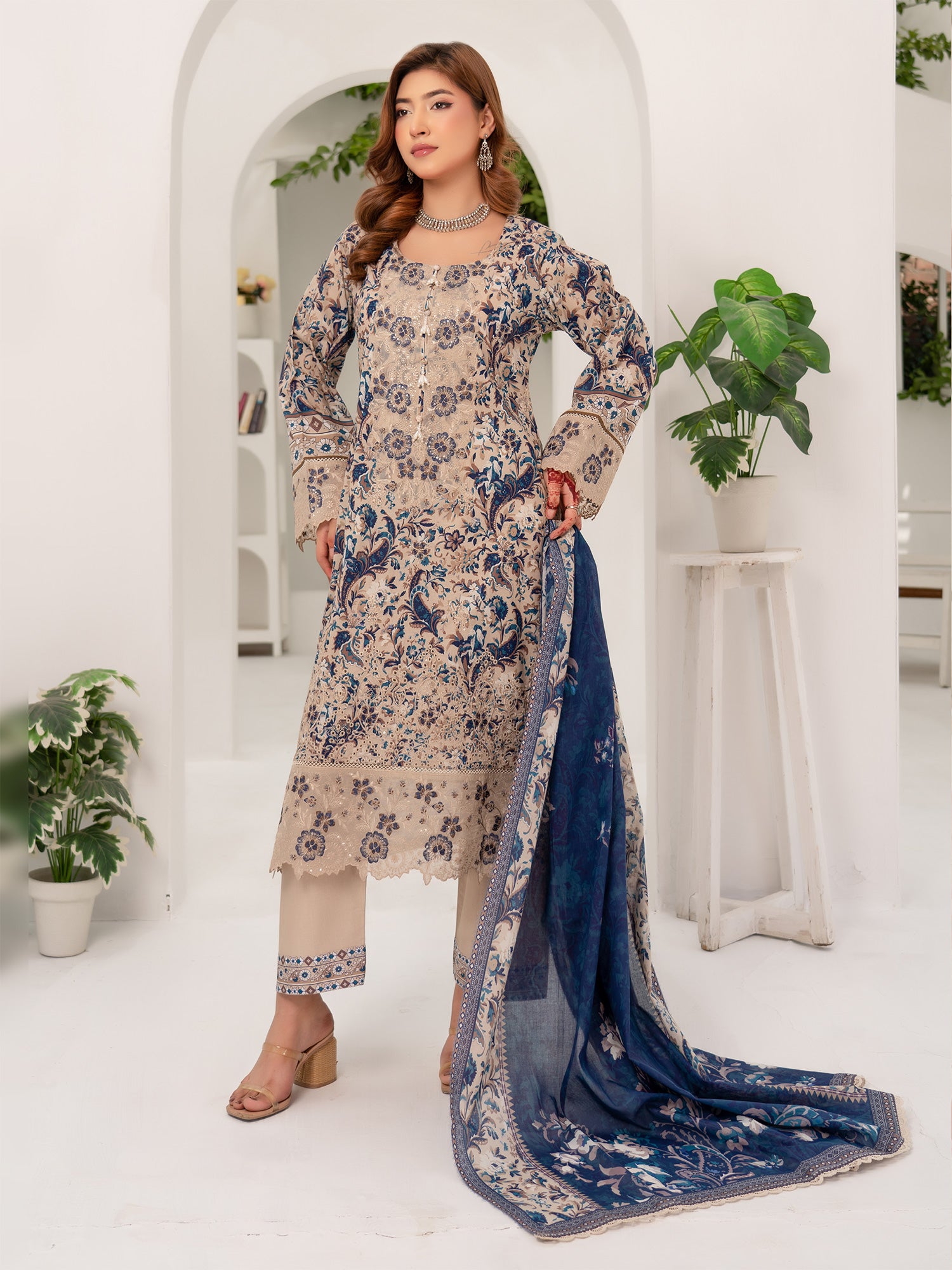 Munira Embroidered Lawn Suit (Vol.47 - D01) - Beige & Navy