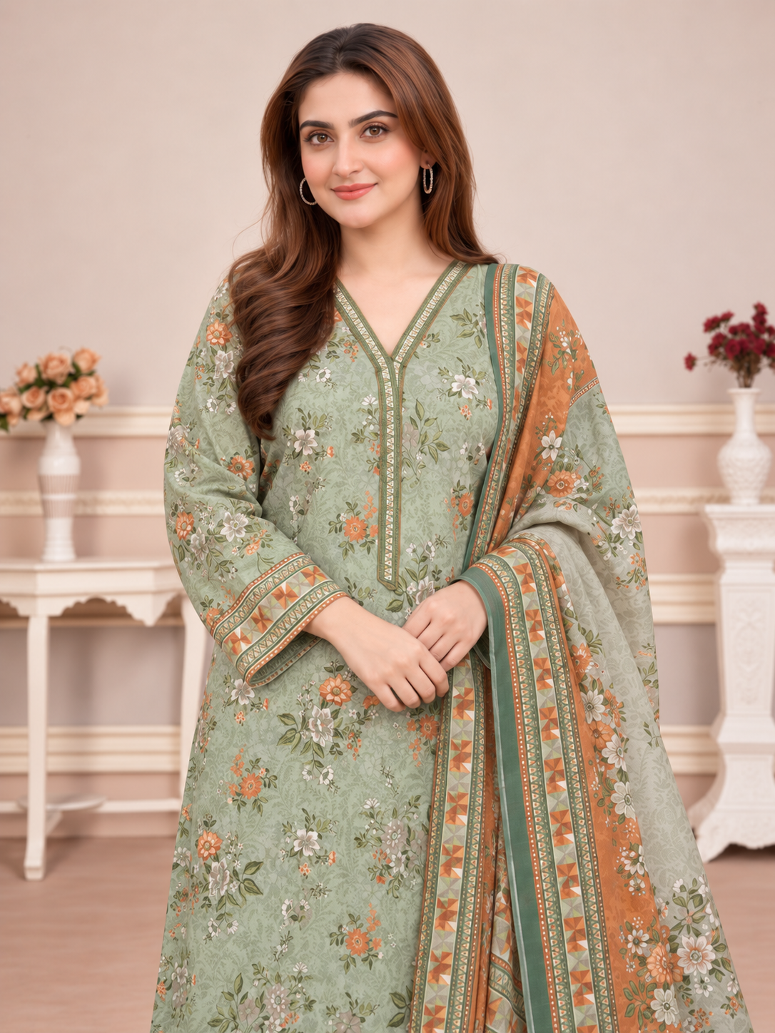 MOMINA Shalwar Kameez in Soft Premium Printed Lawn - Light Green