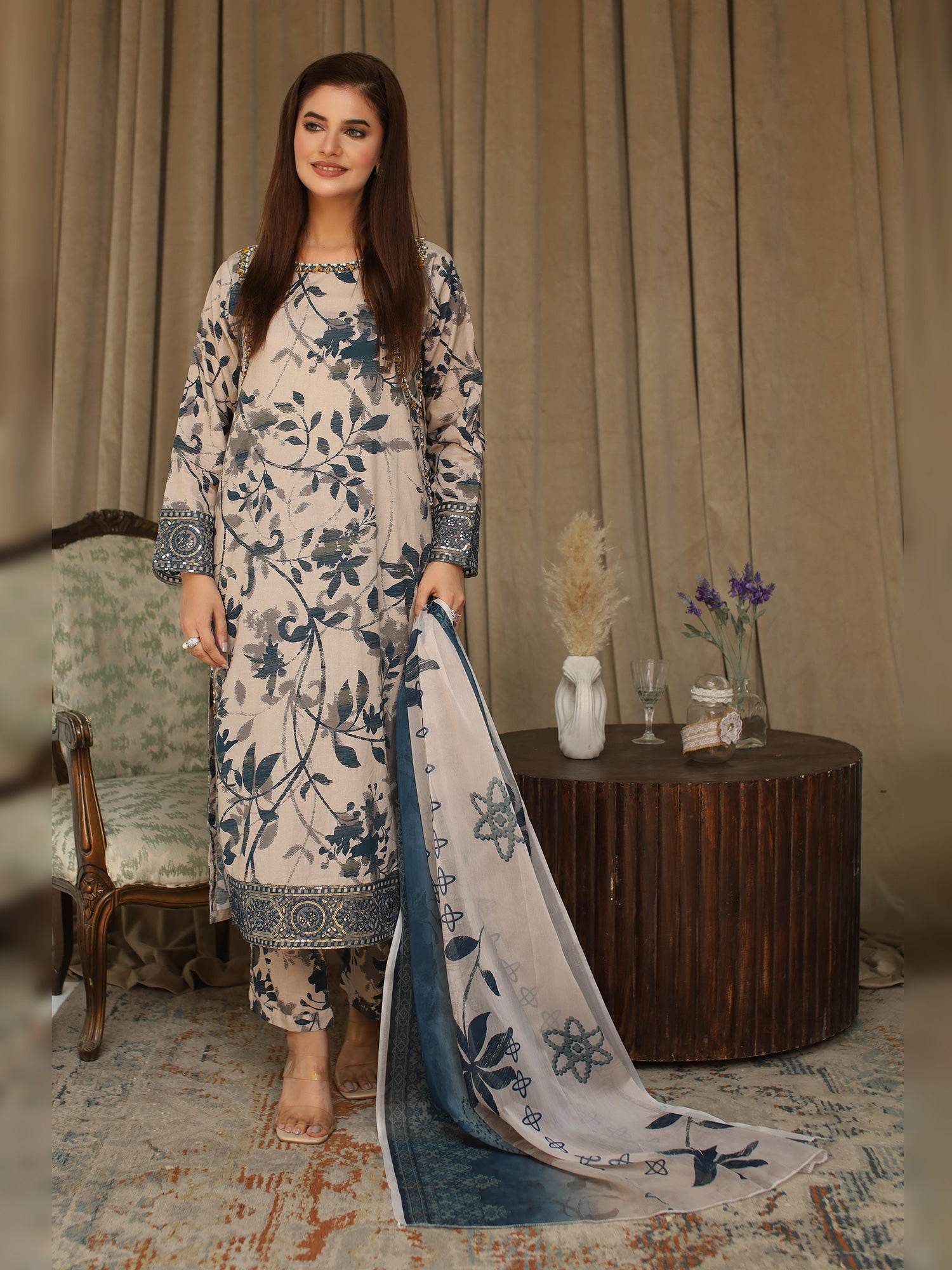 Beige & Teal Digital Lawn-Cotton 3-Piece Suit