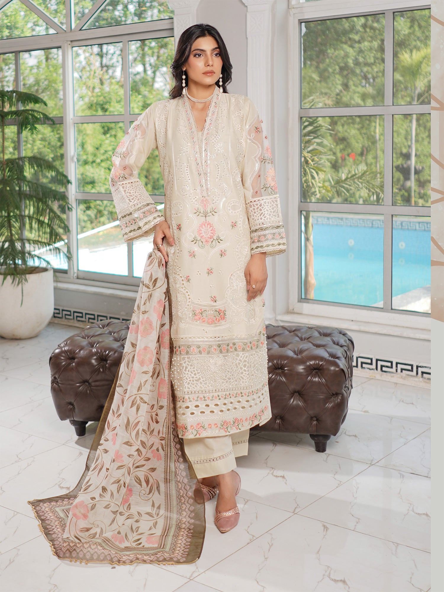 Munira Embroidered Lawn Suit (MSL-02) - Cream