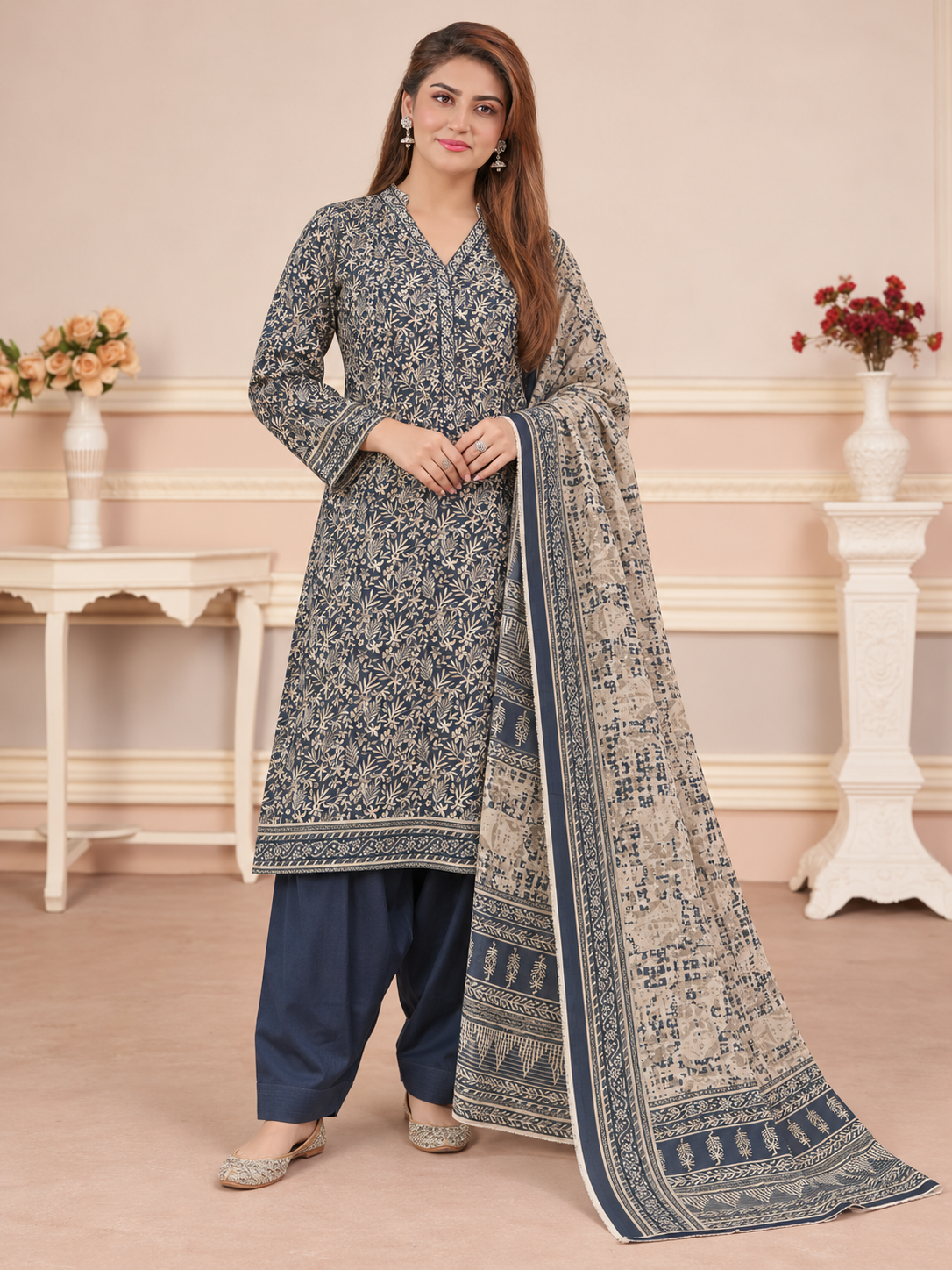 MOMINA Shalwar Kameez in Soft Premium Printed Lawn - Dark Zinc