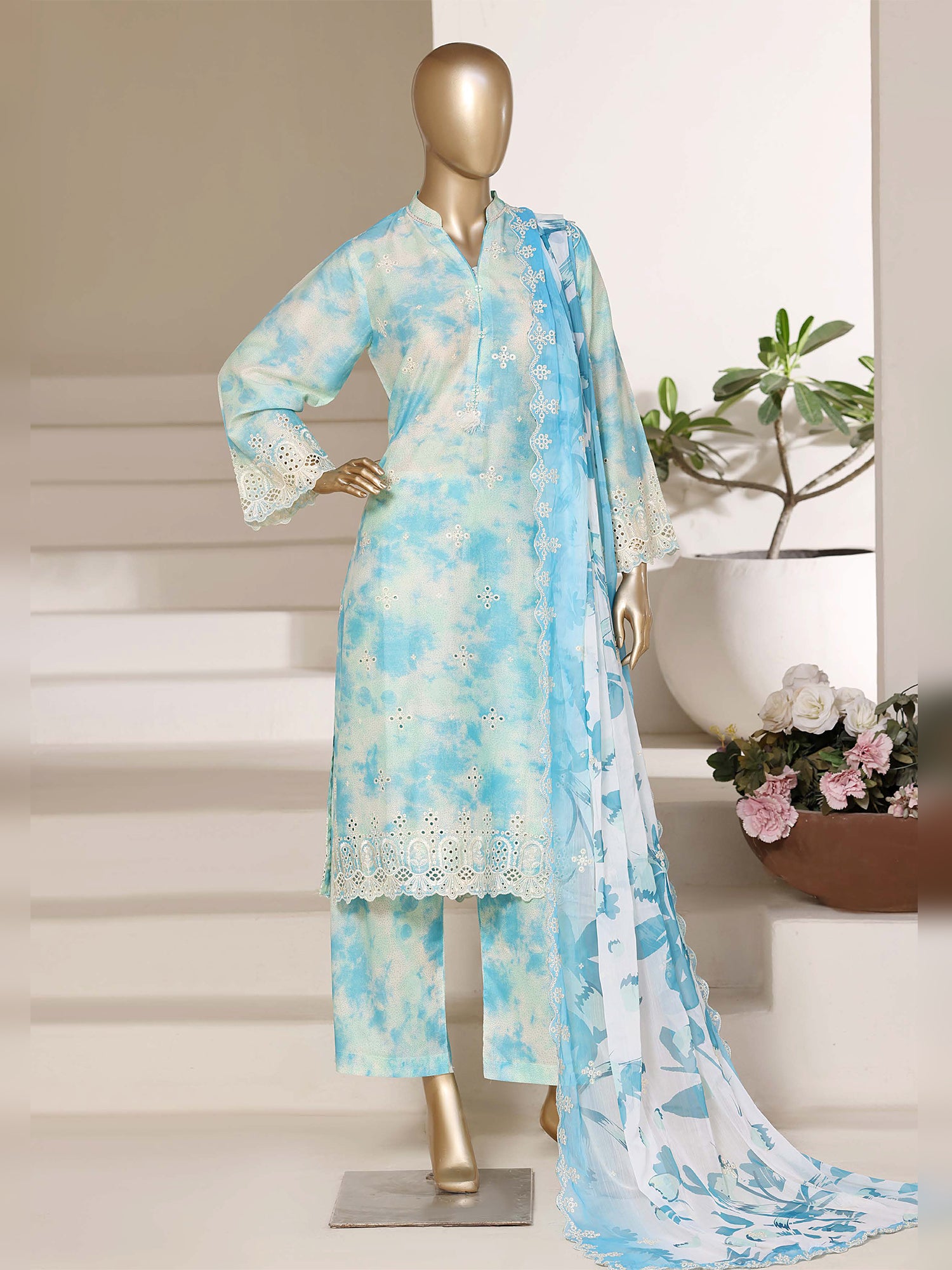 Sadabahar "Regal" Embroidered Lawn 3-Piece Suit - Aqua Blue