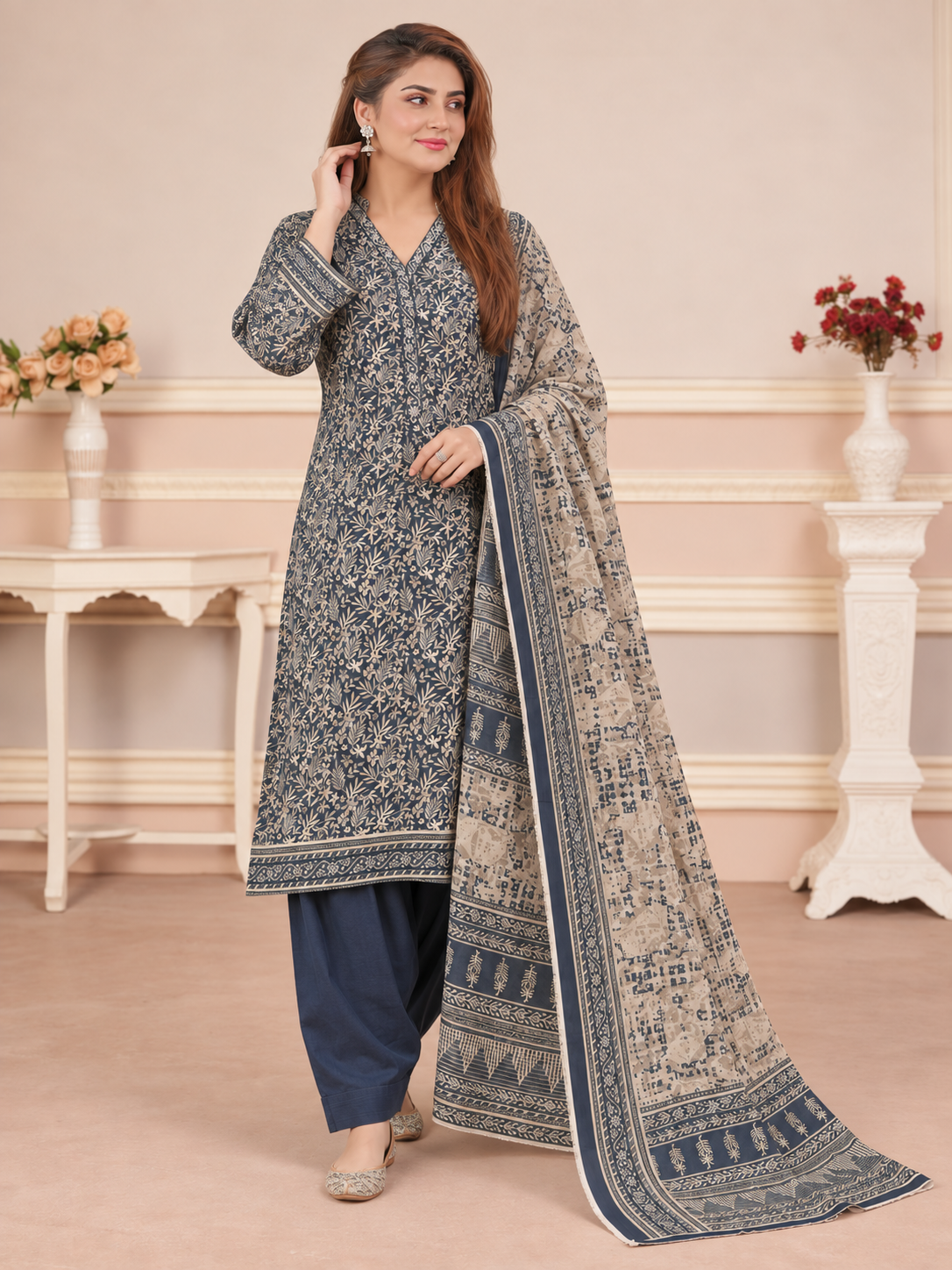MOMINA Shalwar Kameez in Soft Premium Printed Lawn - Dark Zinc