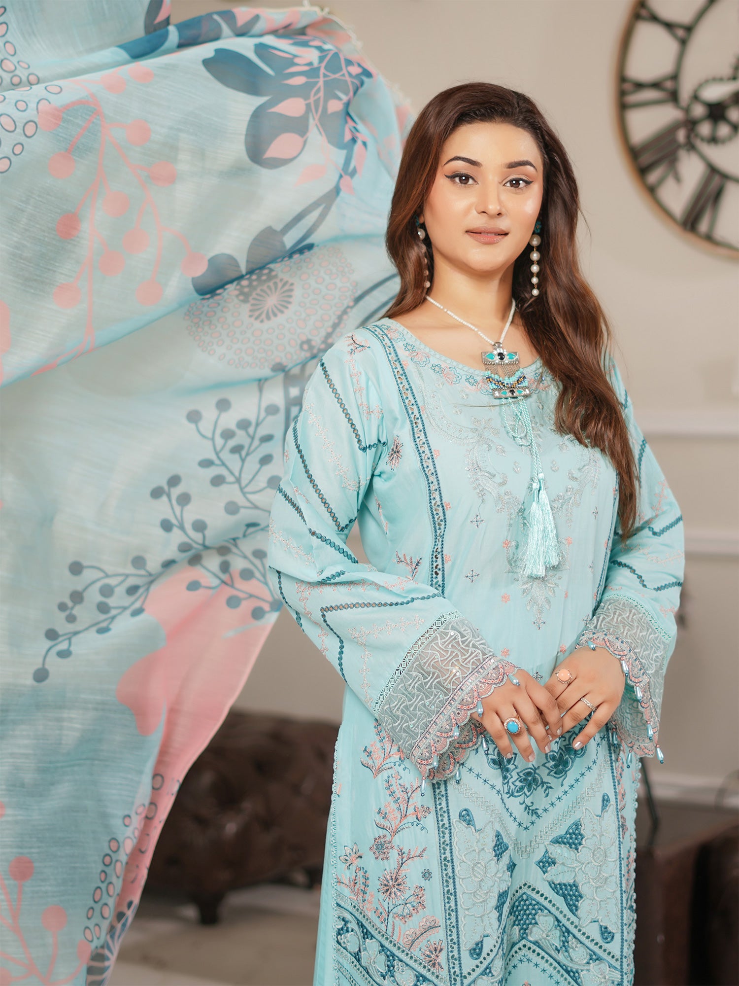 Munira Embroidered Lawn Suit (MSL-03) - Aqua Blue