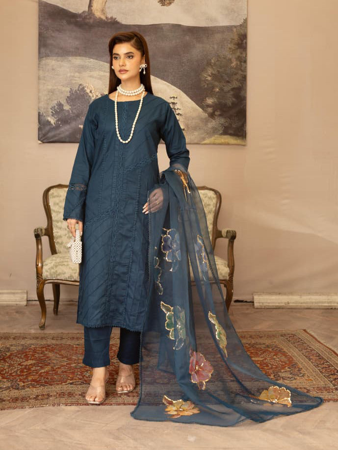 Teal Embroidered Winter Cotton Suit