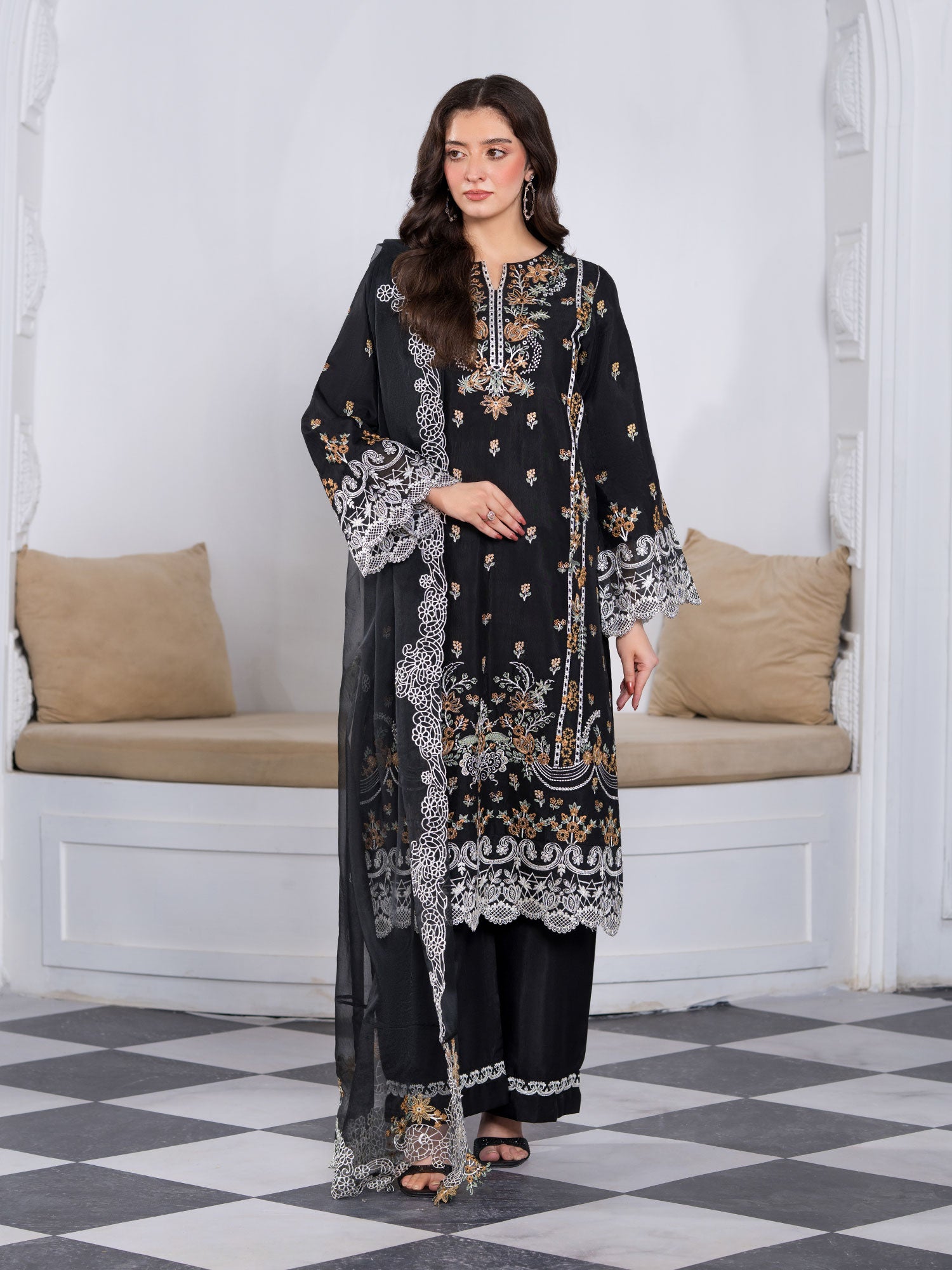 Heera's Embroidered Viscose 3-Piece Suit - Black Orchid