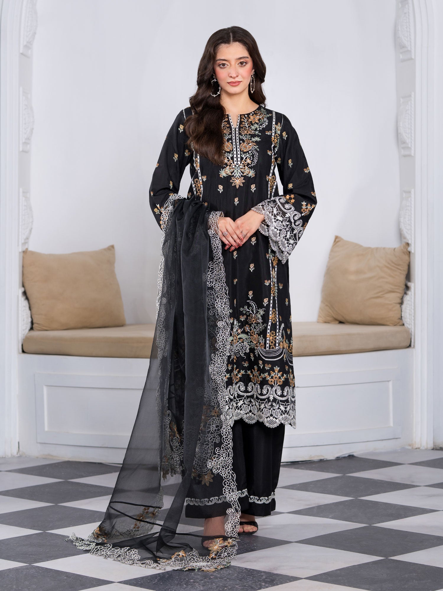 Heera's Embroidered Viscose 3-Piece Suit - Black Orchid