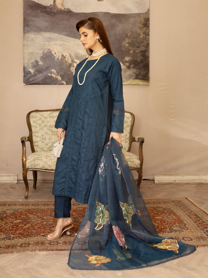 Teal Embroidered Winter Cotton Suit