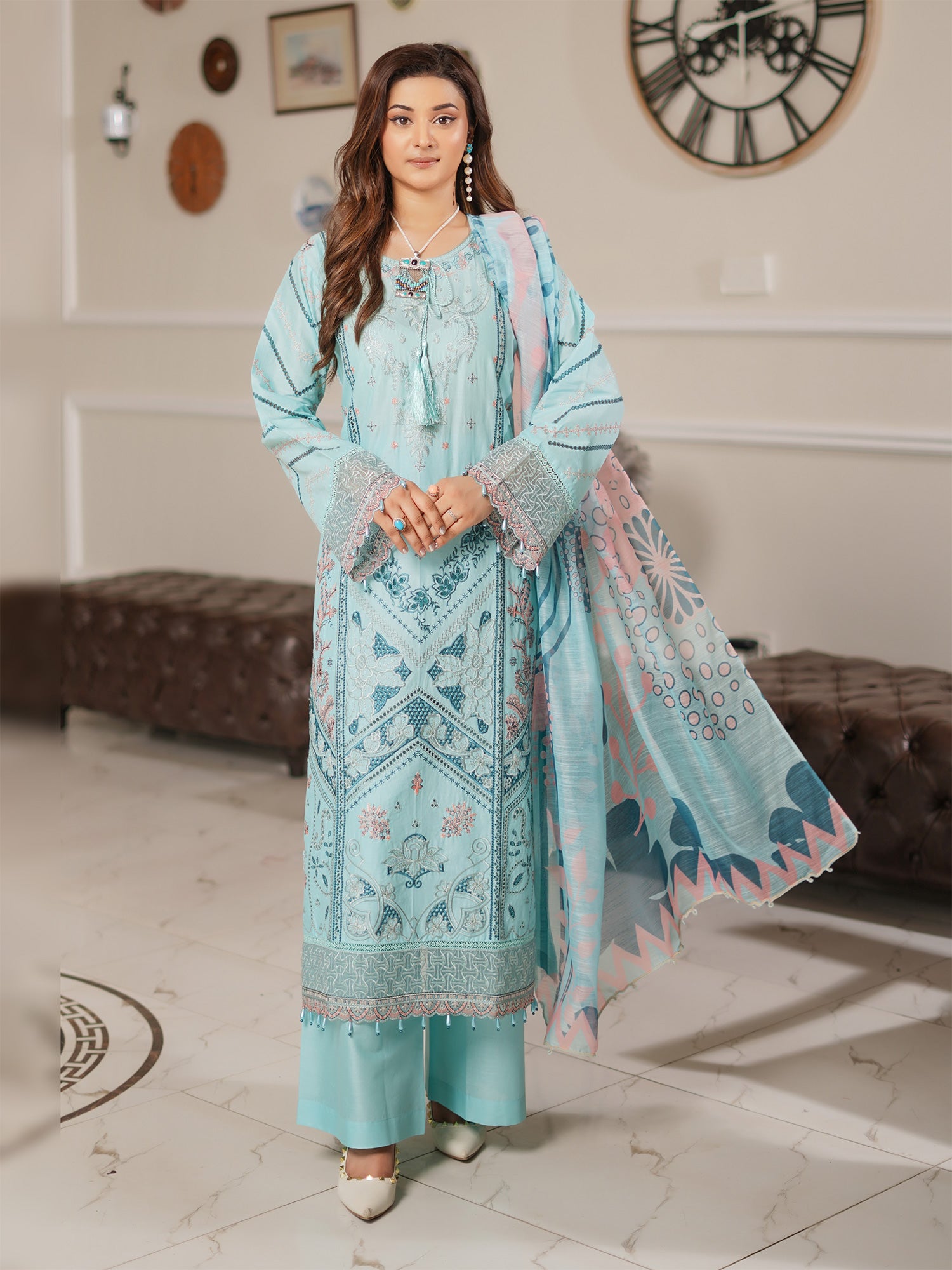 Munira Embroidered Lawn Suit (MSL-03) - Aqua Blue