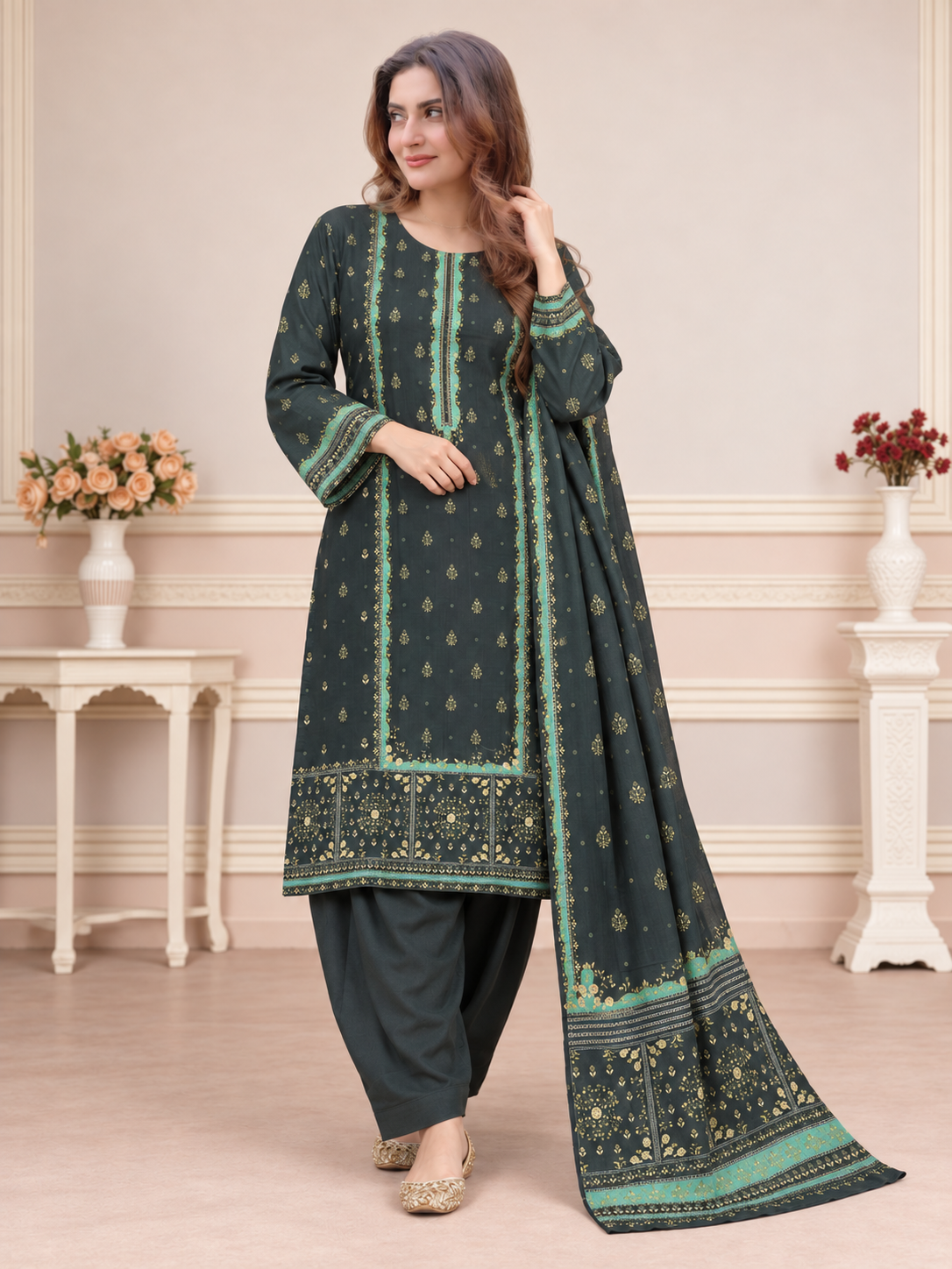 MOMINA Shalwar Kameez in Soft Premium Printed Lawn - Dark Green