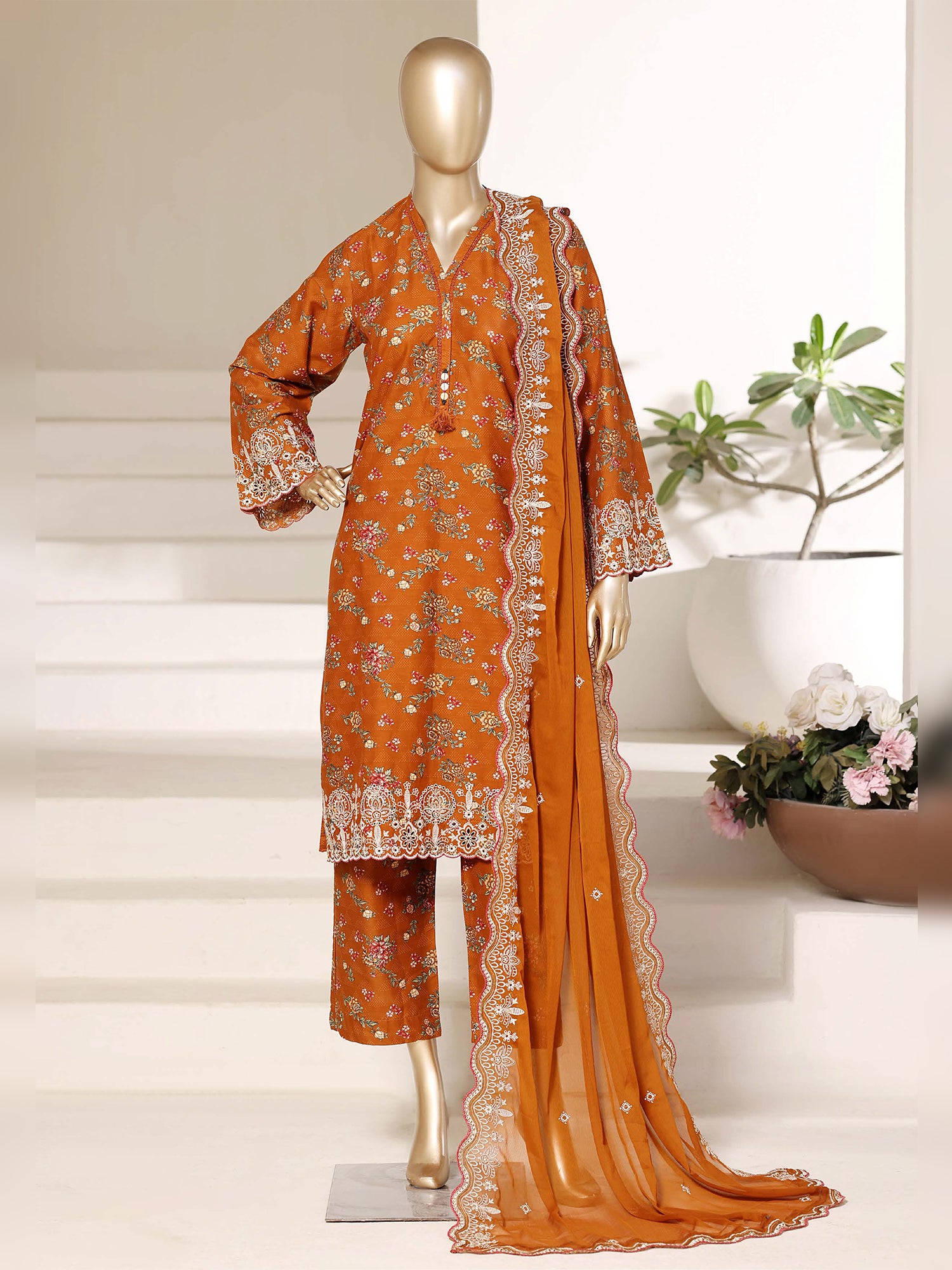 Sadabahar "Regal" Embroidered Lawn 3-Piece Suit - Rust Orange