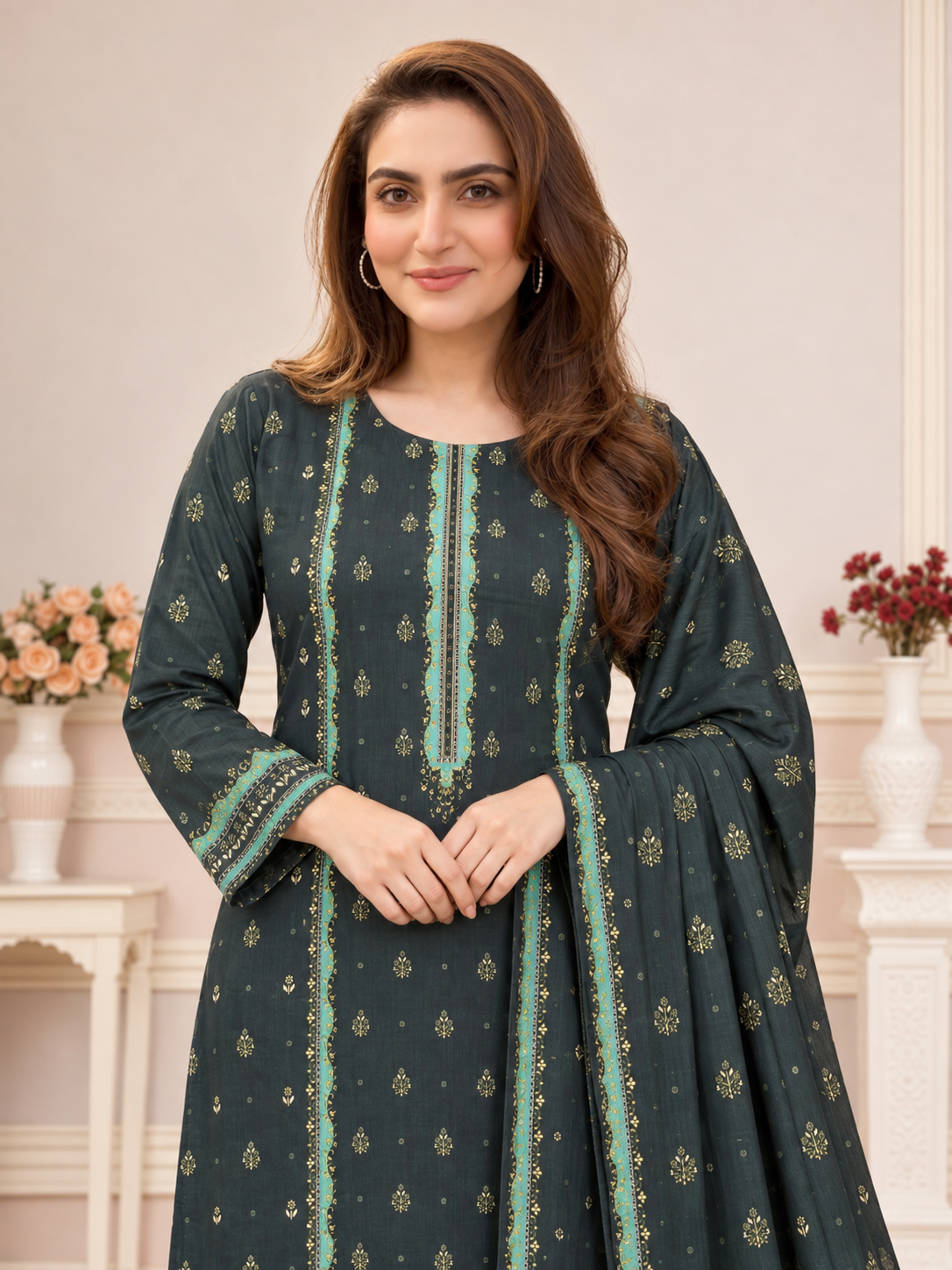MOMINA Shalwar Kameez in Soft Premium Printed Lawn - Dark Green