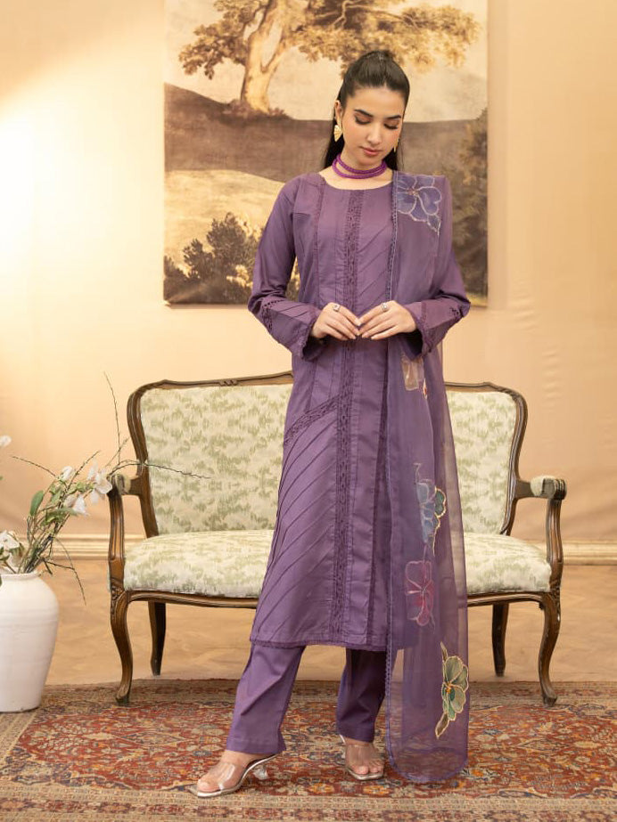 Purple Embroidered Winter Cotton Suit