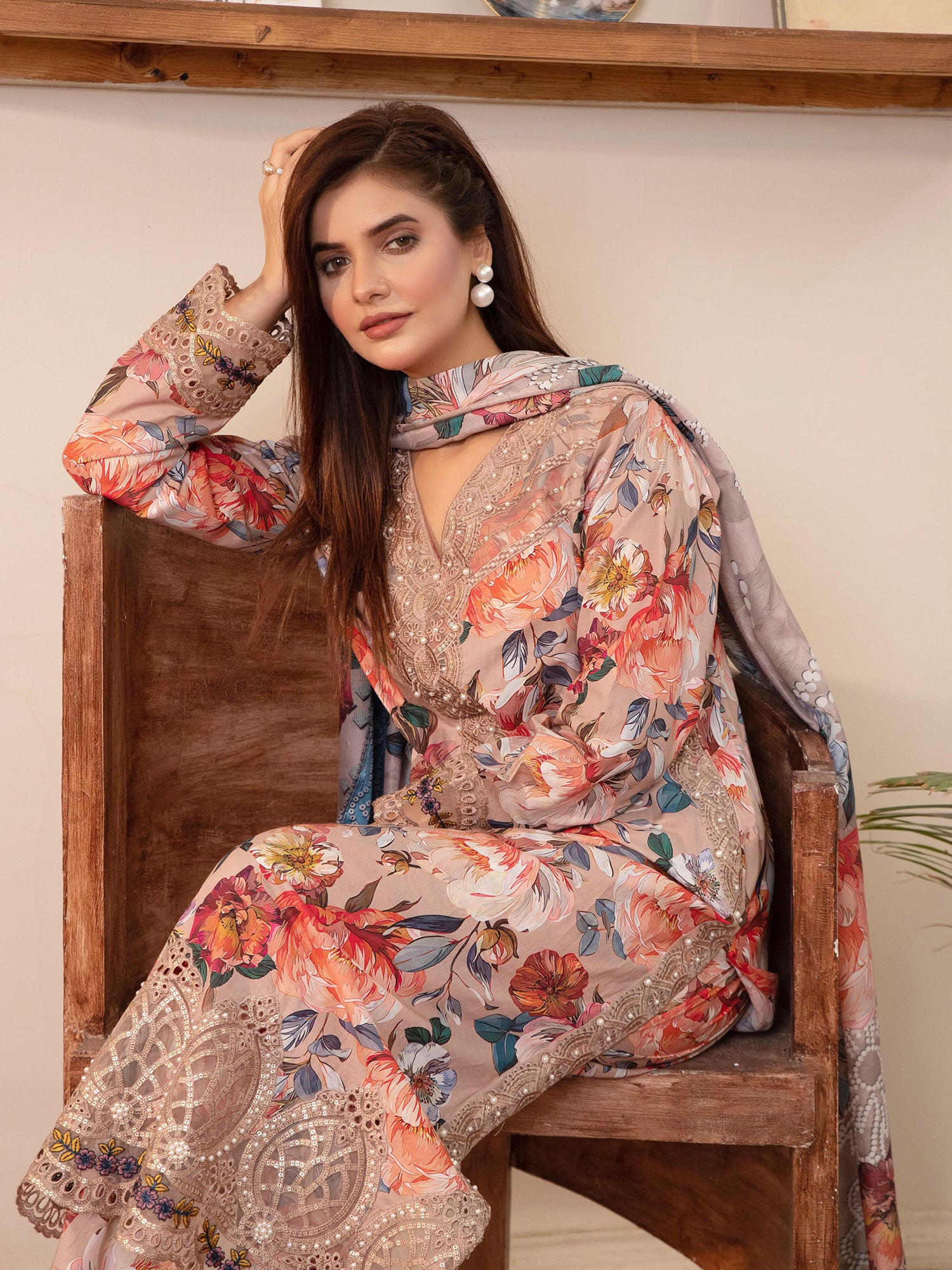 Light Brown Digital Print Lawn-Cotton 3-Piece Suit