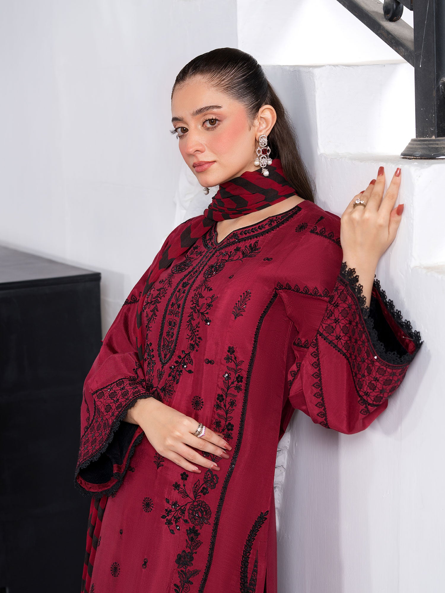 Heera's Embroidered Viscose 3-Piece Suit - Crimson Desire