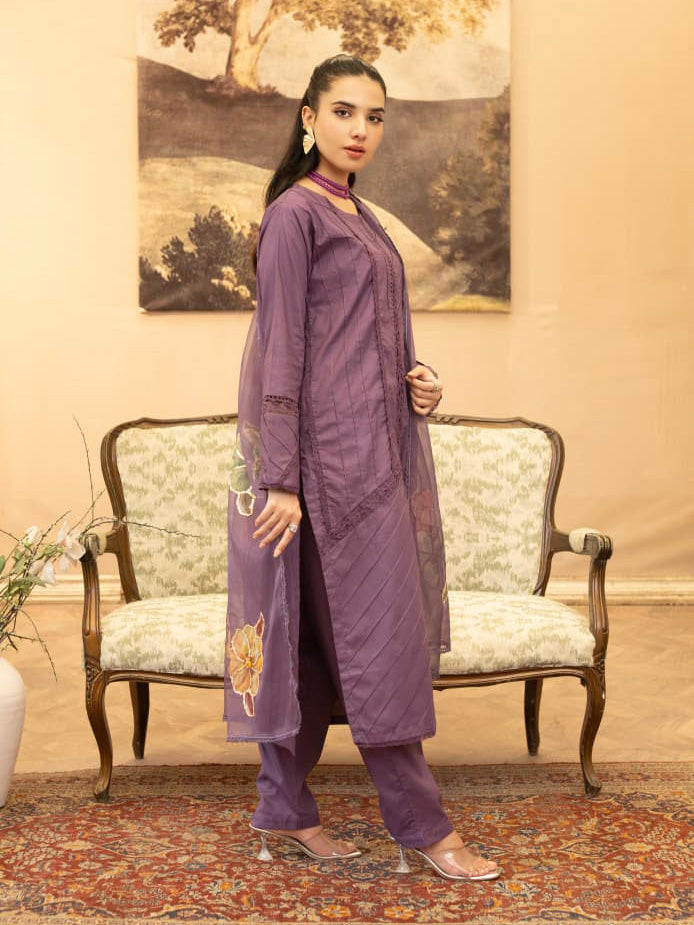 Purple Embroidered Winter Cotton Suit