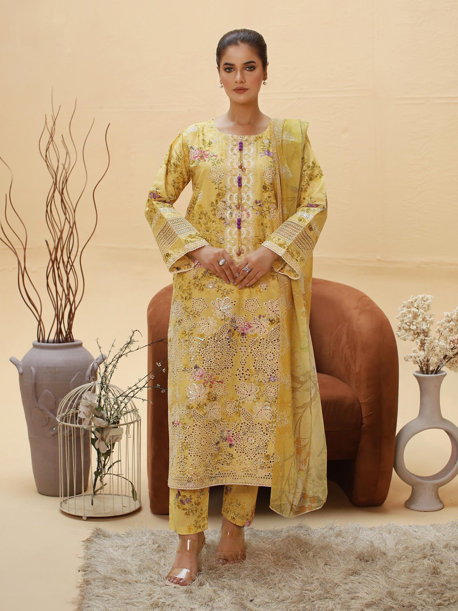 Yellow Schiffli Embroidered Lawn-Cotton 3-Piece Suit