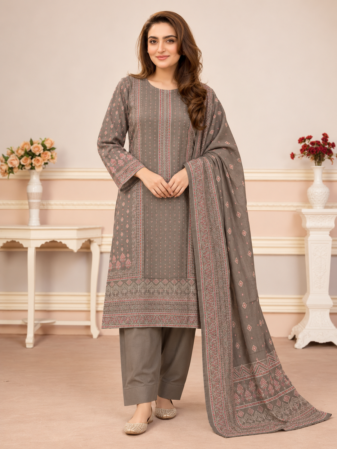 MOMINA Shalwar Kameez in Soft Premium Printed Lawn - Coffee Brown