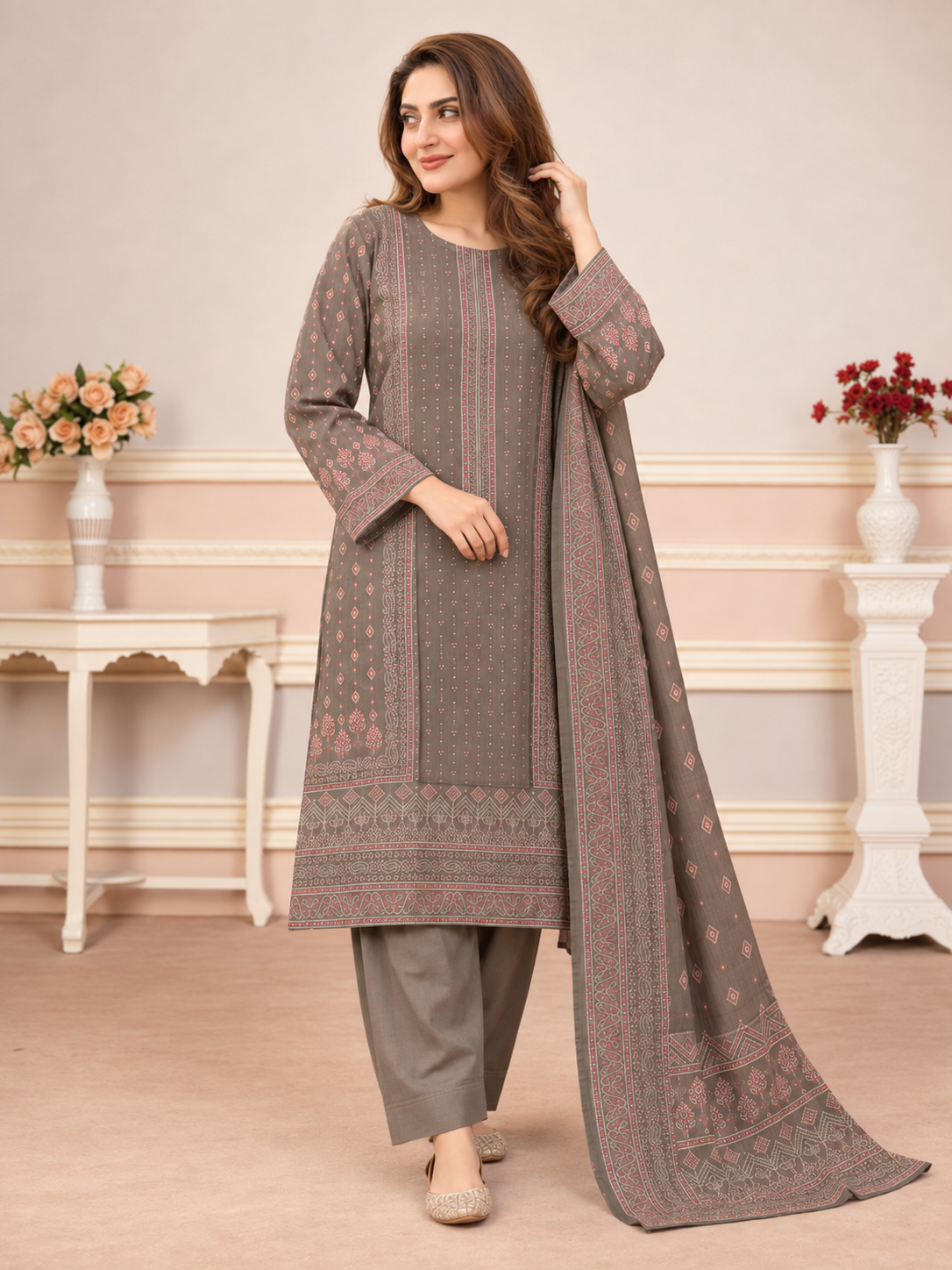 MOMINA Shalwar Kameez in Soft Premium Printed Lawn - Coffee Brown