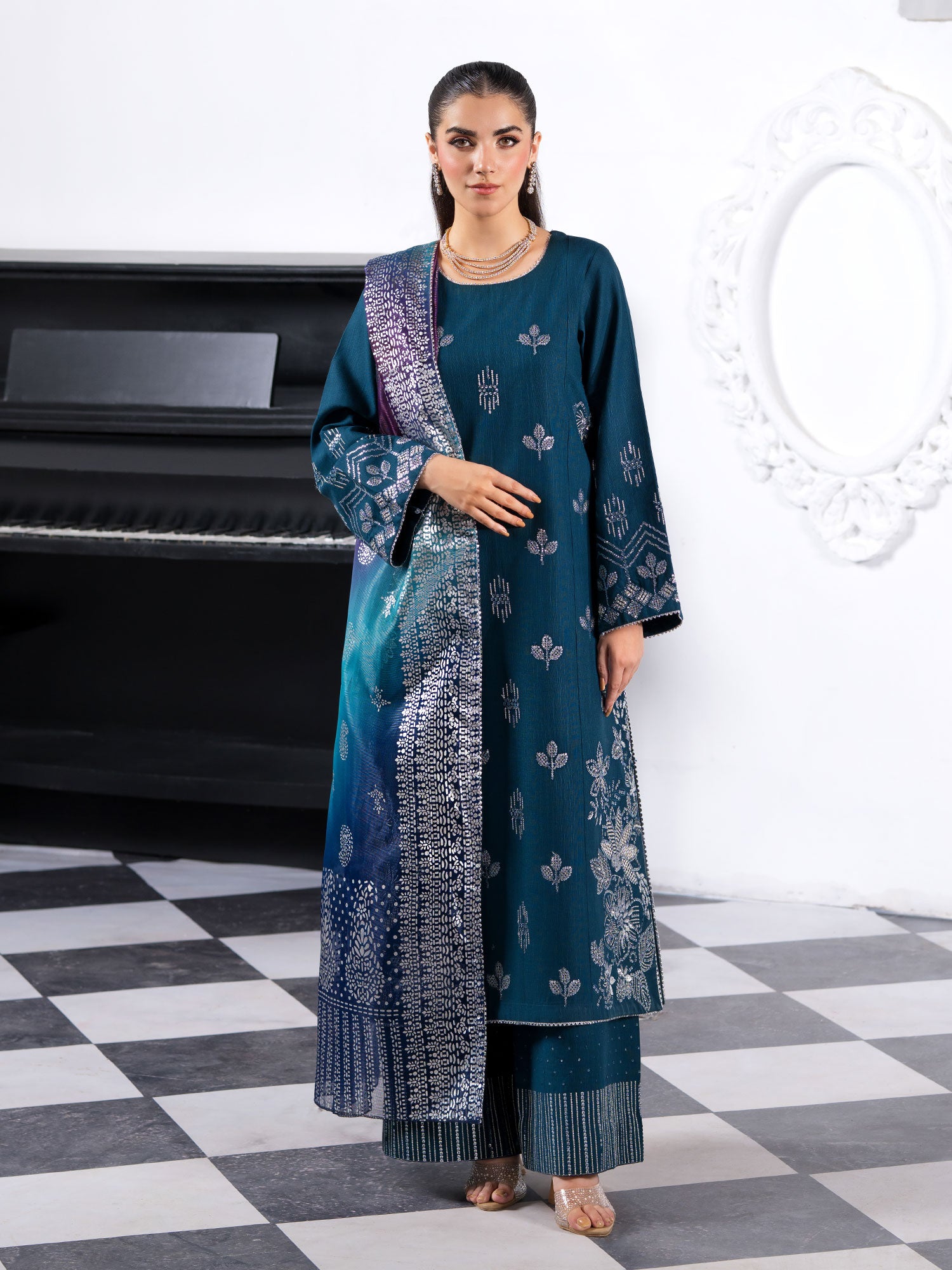 Heera's Embroidered Soft Khaddar 3-Piece Suit - Emerald Dream