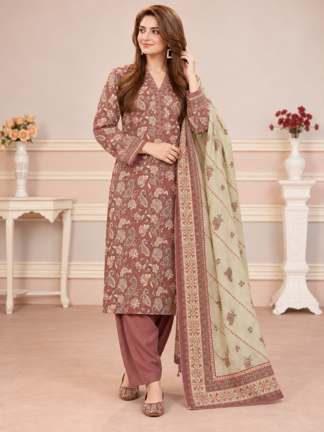 MOMINA Shalwar Kameez in Soft Premium Printed Lawn - Rose Taupe