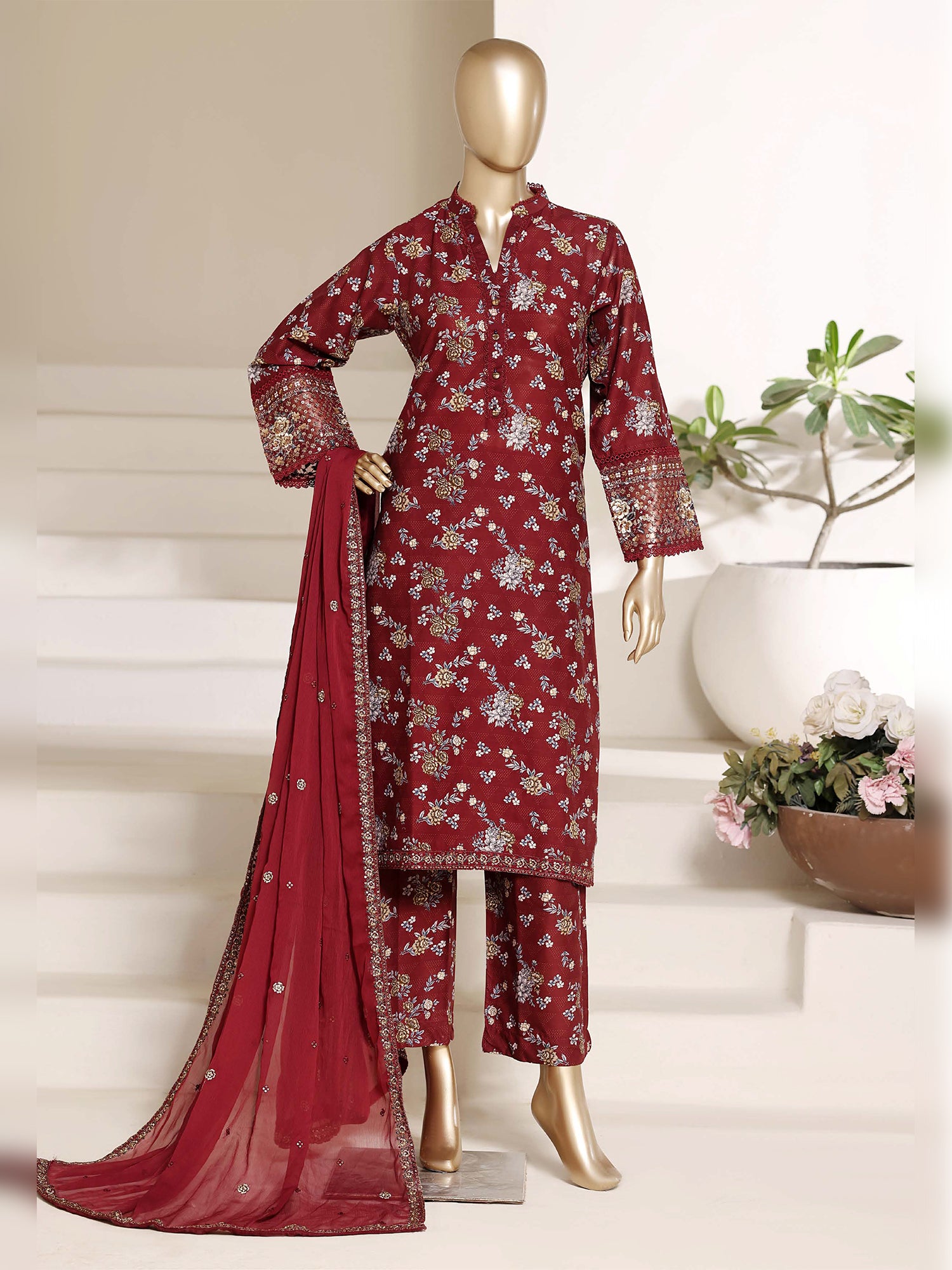 Sadabahar "Regal" Embroidered Lawn 3-Piece Suit - Dark Red