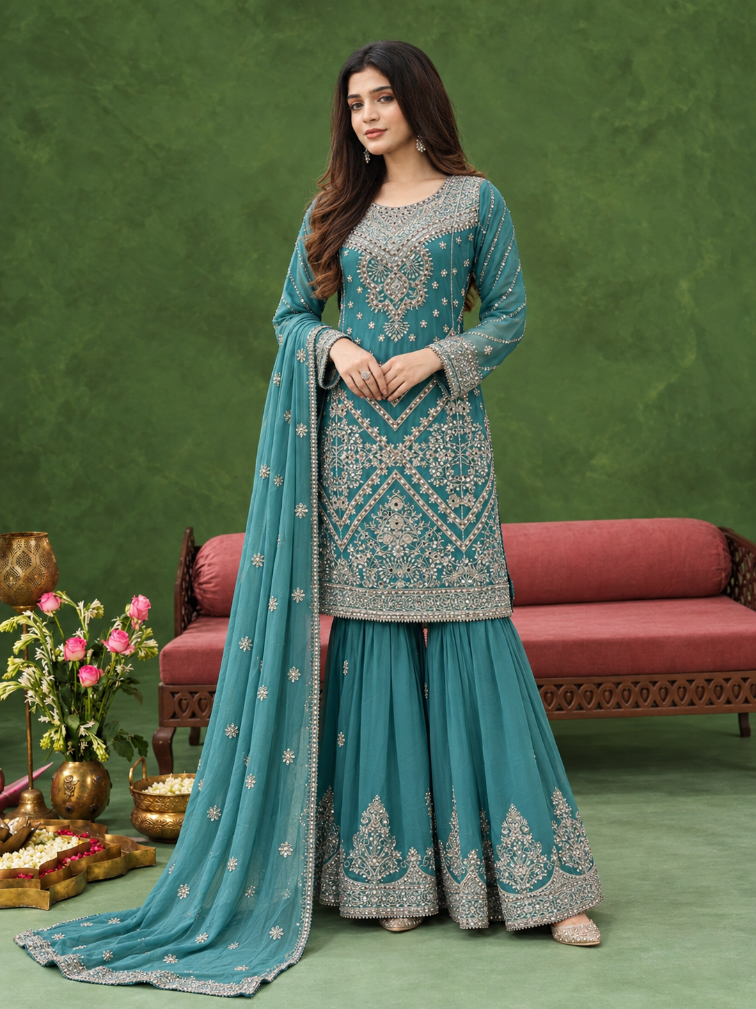 Chiffon Embroidered Gharara 3-Piece Suit - Sea Green