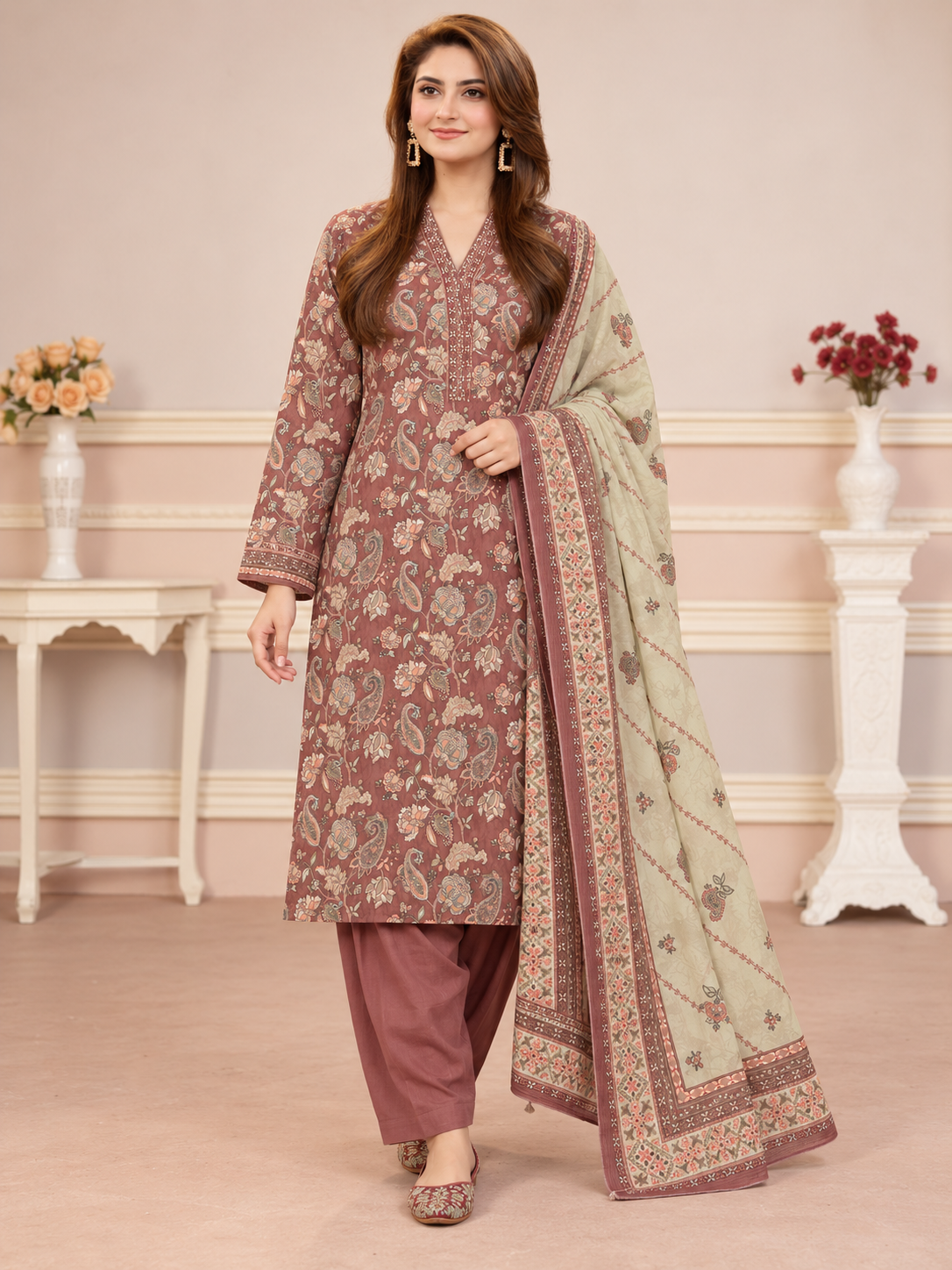 MOMINA Shalwar Kameez in Soft Premium Printed Lawn - Rose Taupe