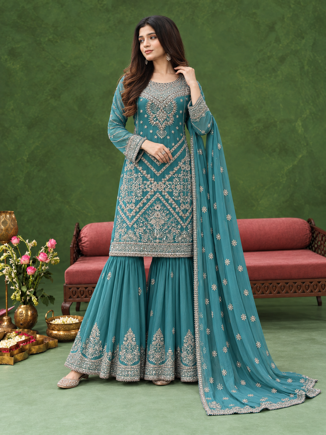 Chiffon Embroidered Gharara 3-Piece Suit - Sea Green