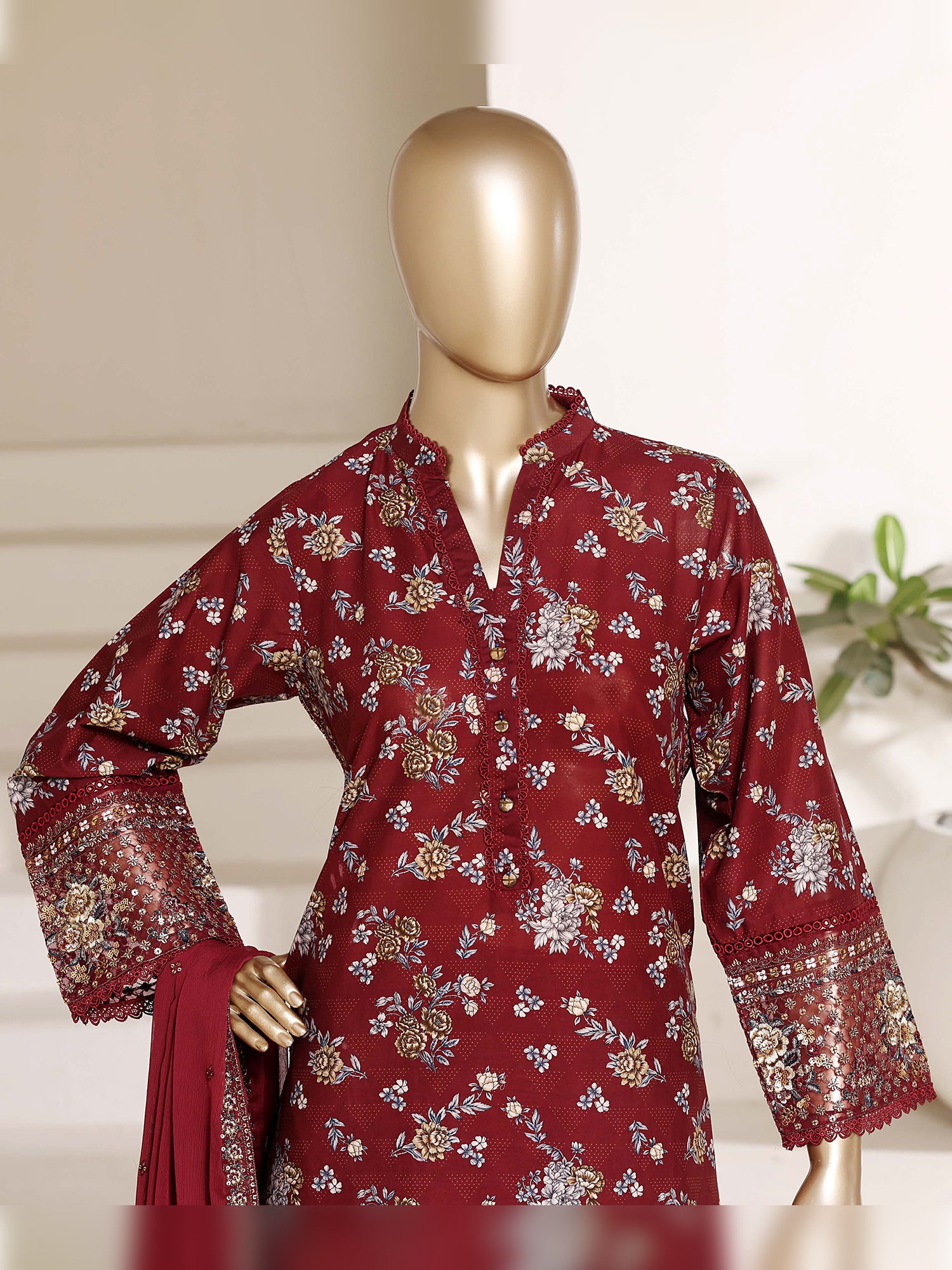 Sadabahar "Regal" Embroidered Lawn 3-Piece Suit - Dark Red