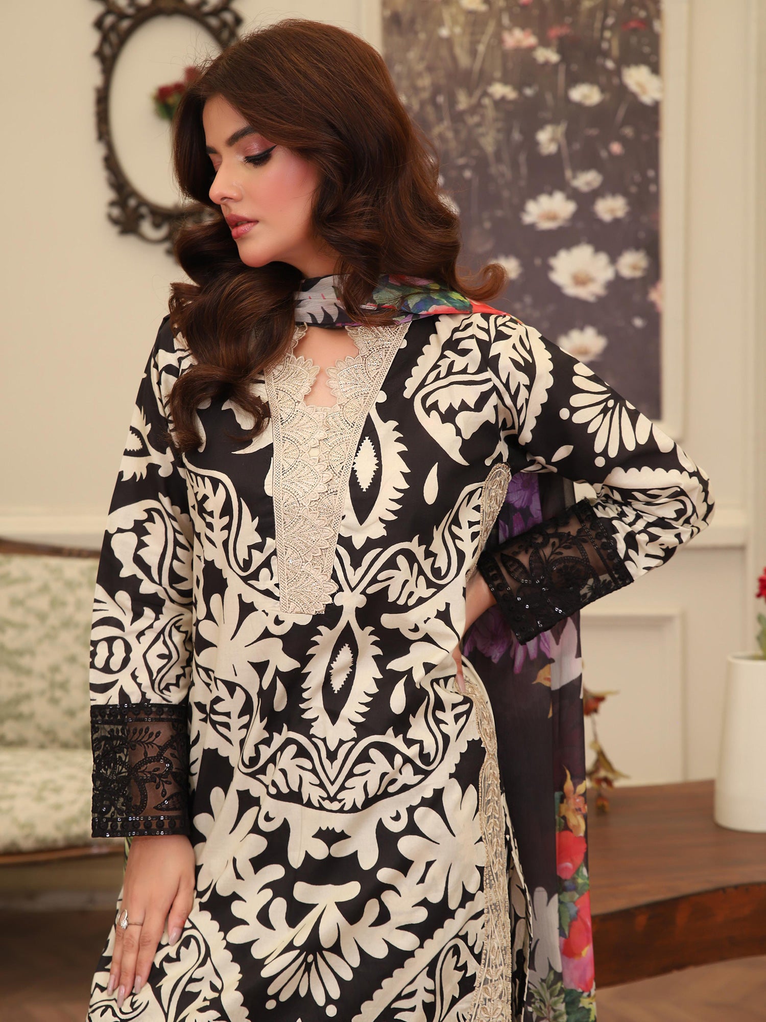Black & Beige Damask Digital Print Lawn-Cotton 3-Piece Suit