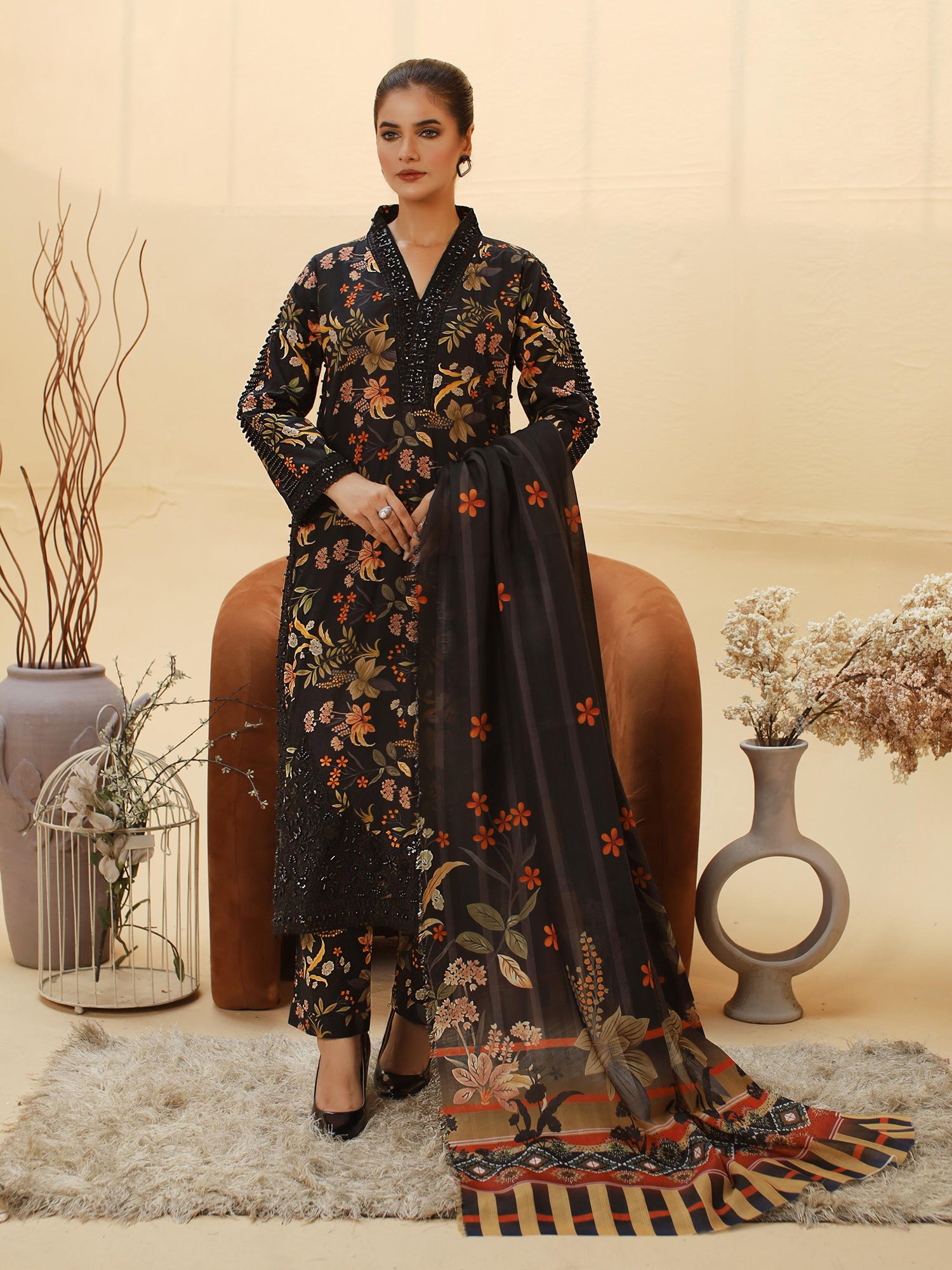 Black Embellished Digital Lawn-Cotton 3-Piece Suit
