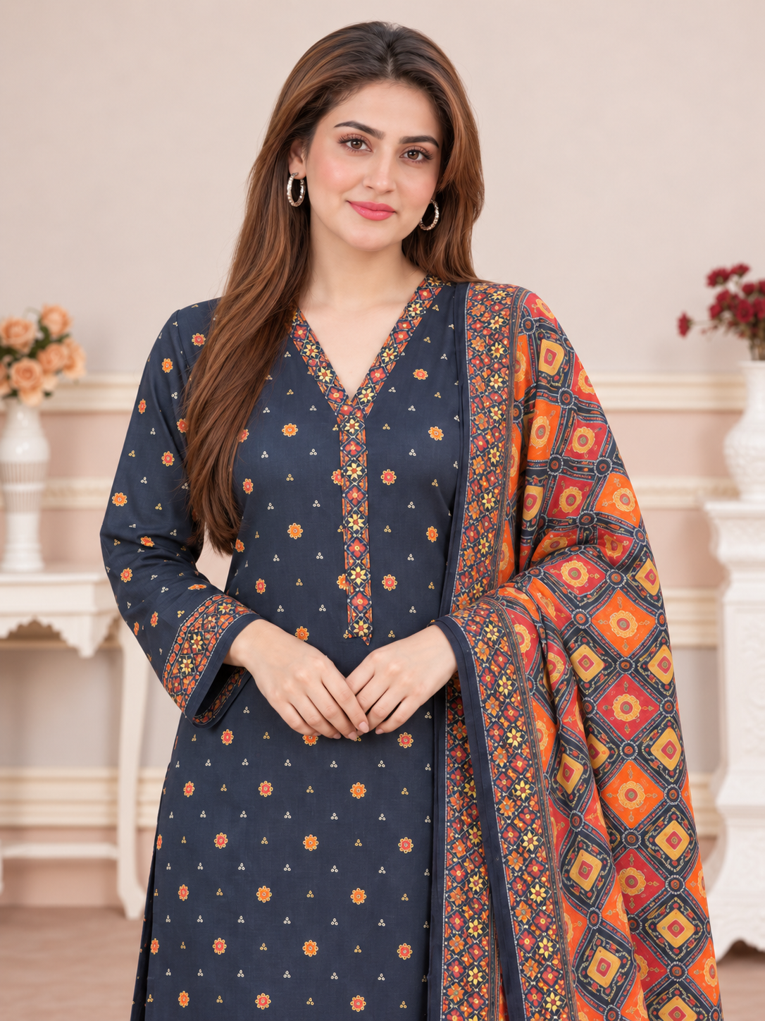MOMINA Shalwar Kameez in Soft Premium Printed Lawn - Dark Navy