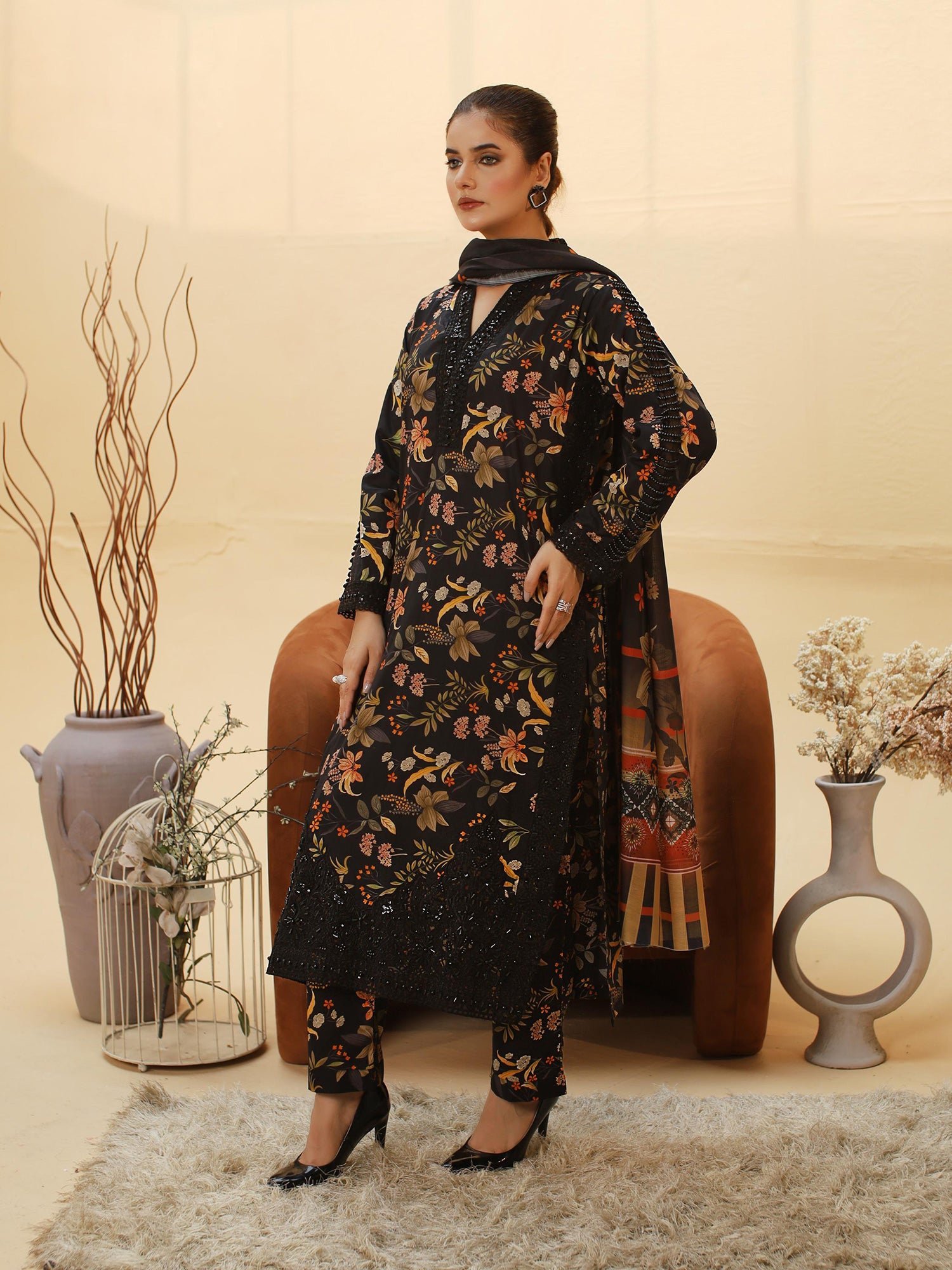 Black Embellished Digital Lawn-Cotton 3-Piece Suit
