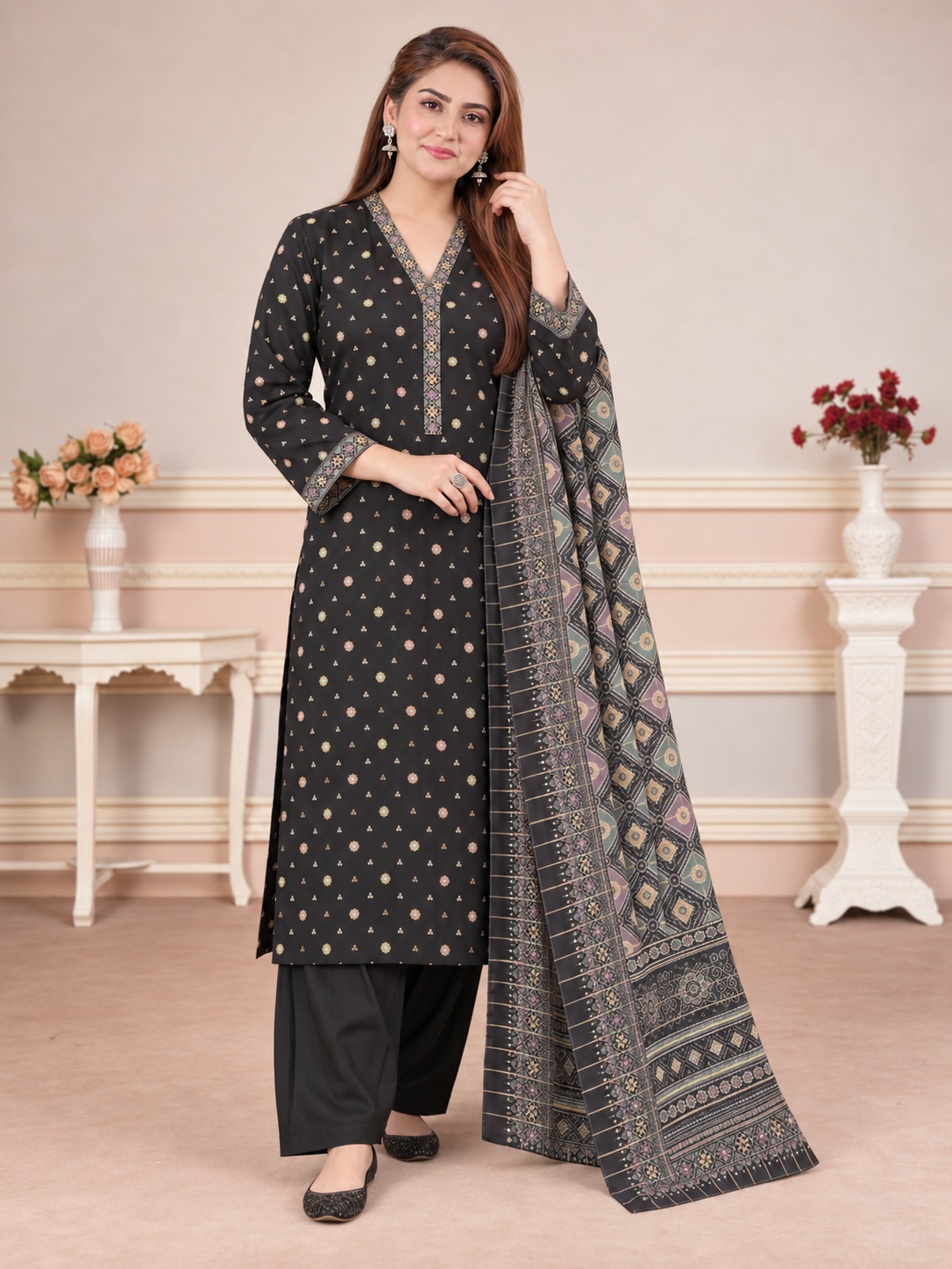 MOMINA Shalwar Kameez in Soft Premium Printed Lawn - Black