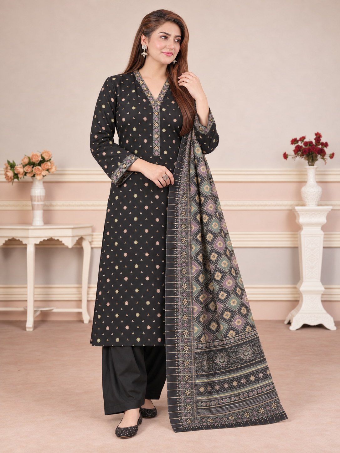 MOMINA Shalwar Kameez in Soft Premium Printed Lawn - Black