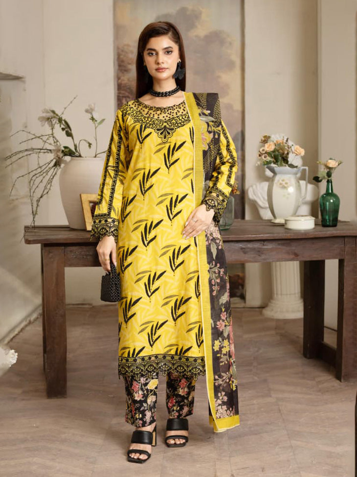 Yellow Embroidered Winter Cotton Suit