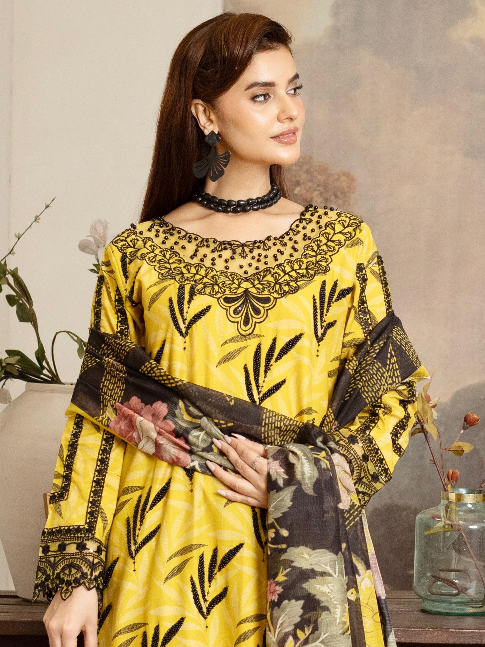 Yellow Embroidered Winter Cotton Suit