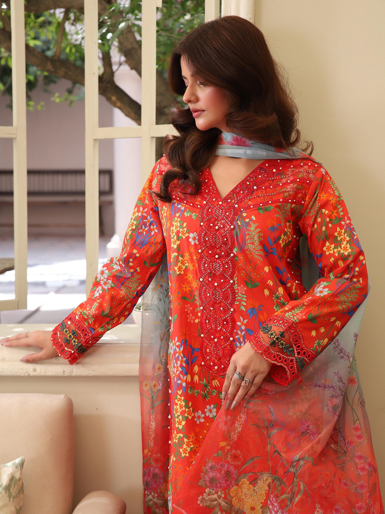 Deep Orange Digital Print Lawn-Cotton 3-Piece Suit