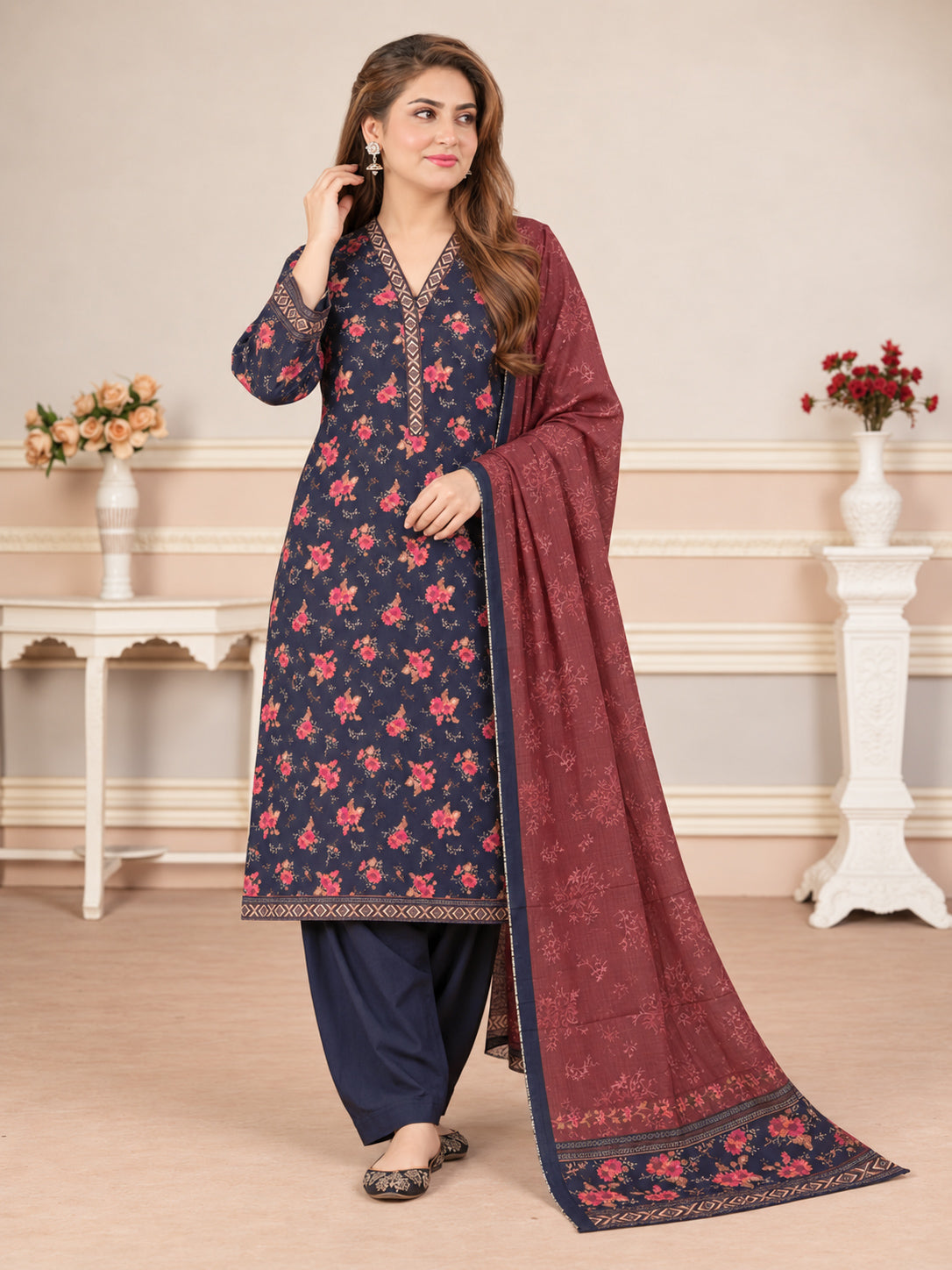 MOMINA Shalwar Kameez in Soft Premium Printed Lawn - Dark Indigo