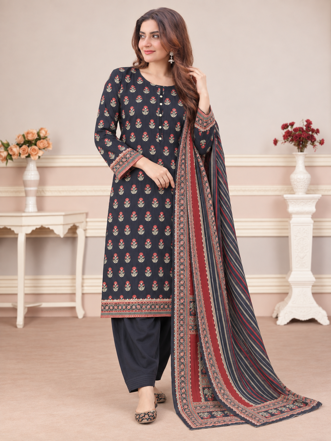 MOMINA Shalwar Kameez in Soft Premium Printed Lawn - Deep Navy