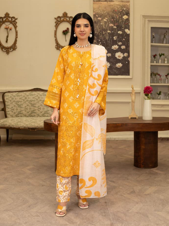 Mustard & White Embroidered Winter Cotton Chikankari Suit