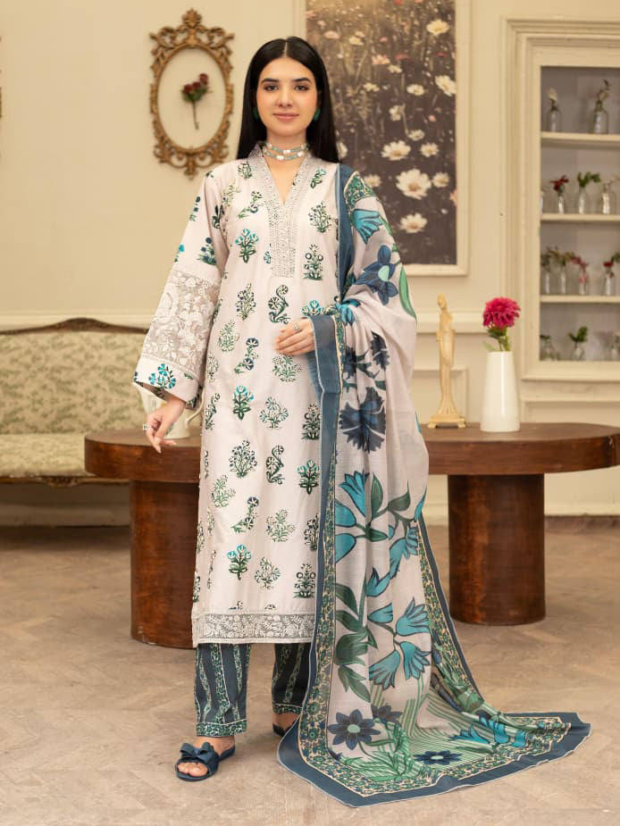 Dark Green & Off White Embroidered Winter Cotton Suit