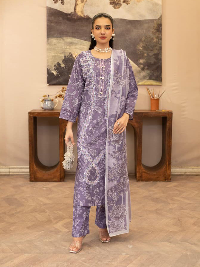 Lavender Embroidered Winter Cotton Suit