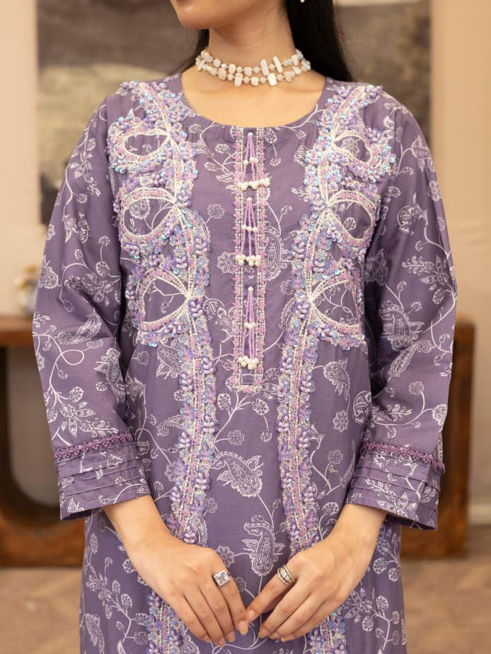 Lavender Embroidered Winter Cotton Suit