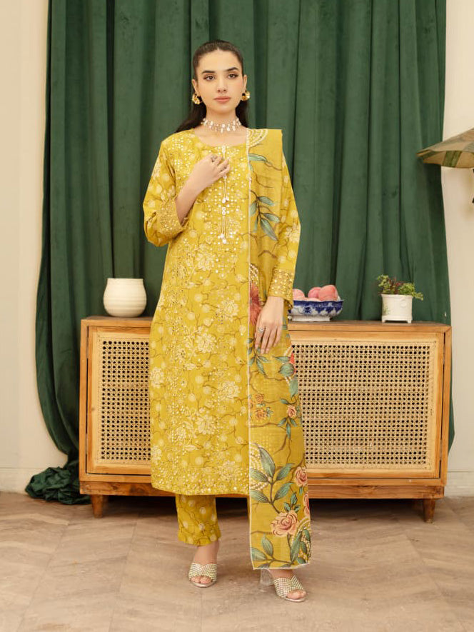 Yellow Embellished Winter Cotton Suit