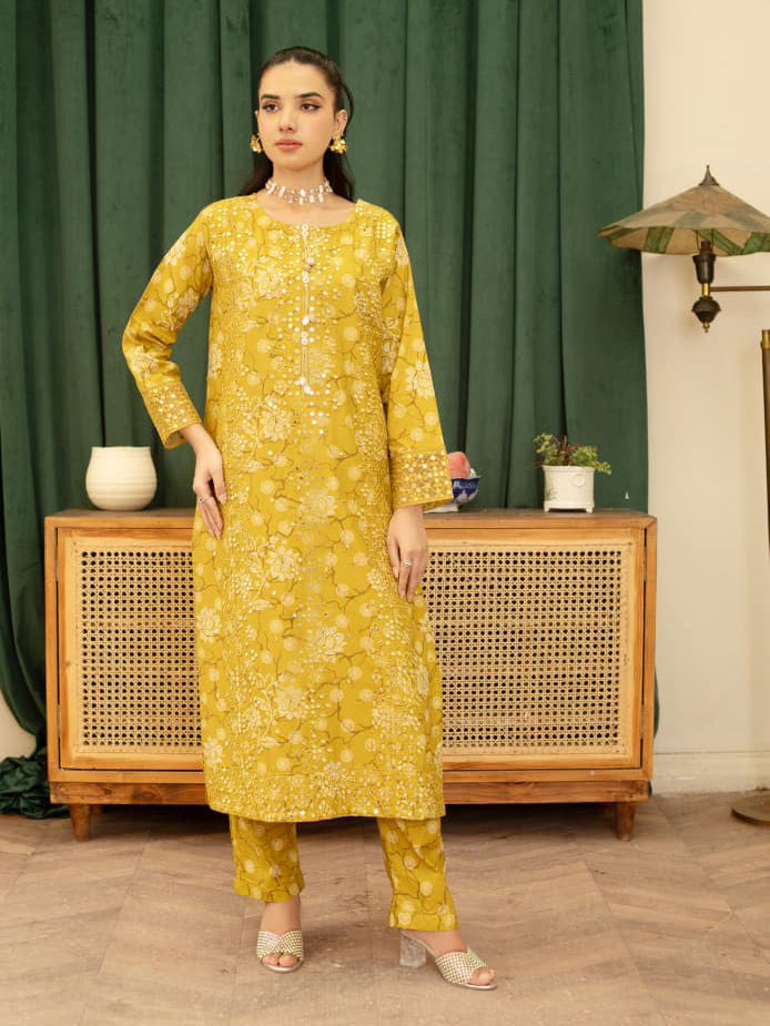 Yellow Embellished Winter Cotton Suit